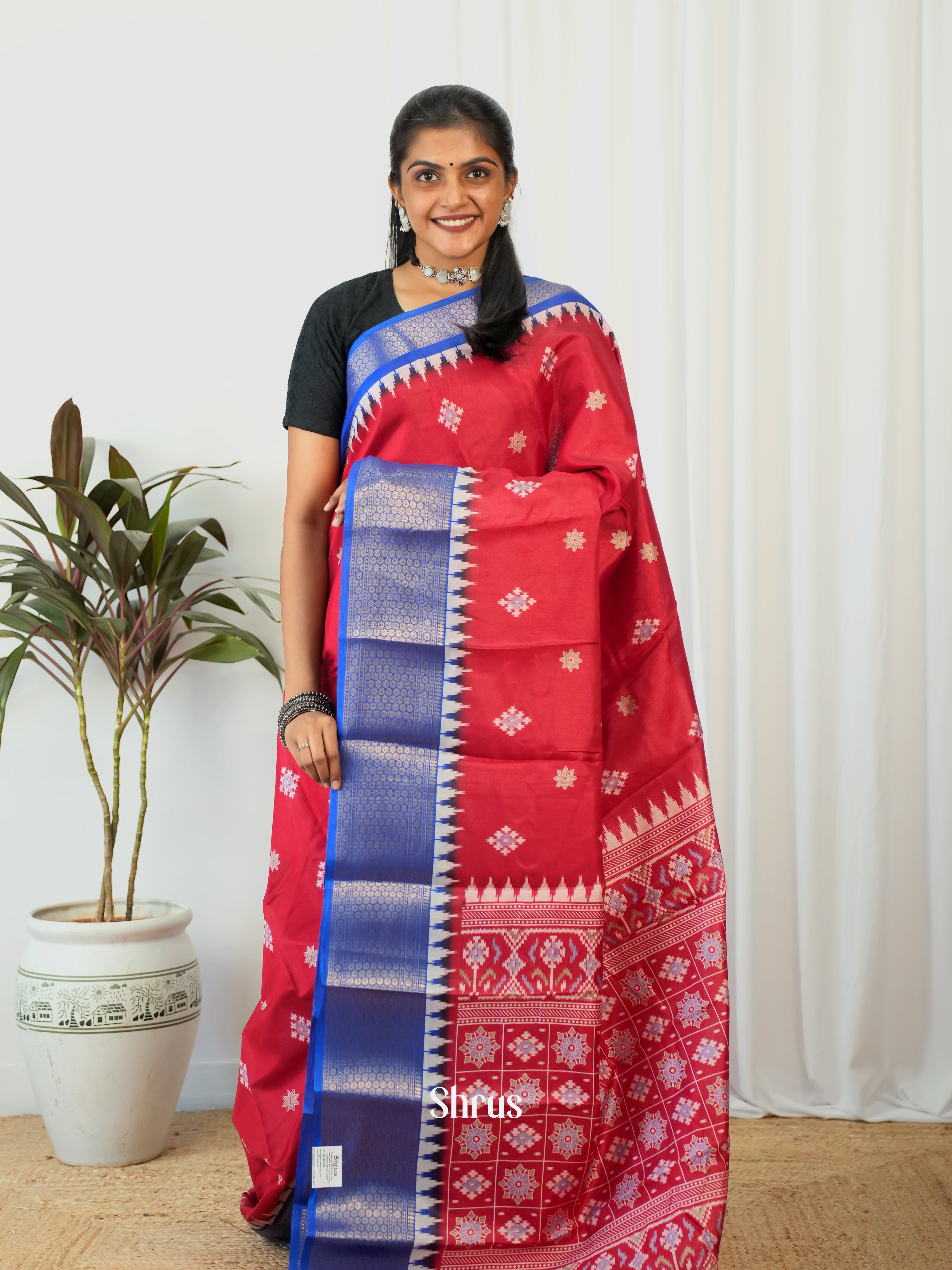 Red & Blue - Semi Crepe Saree