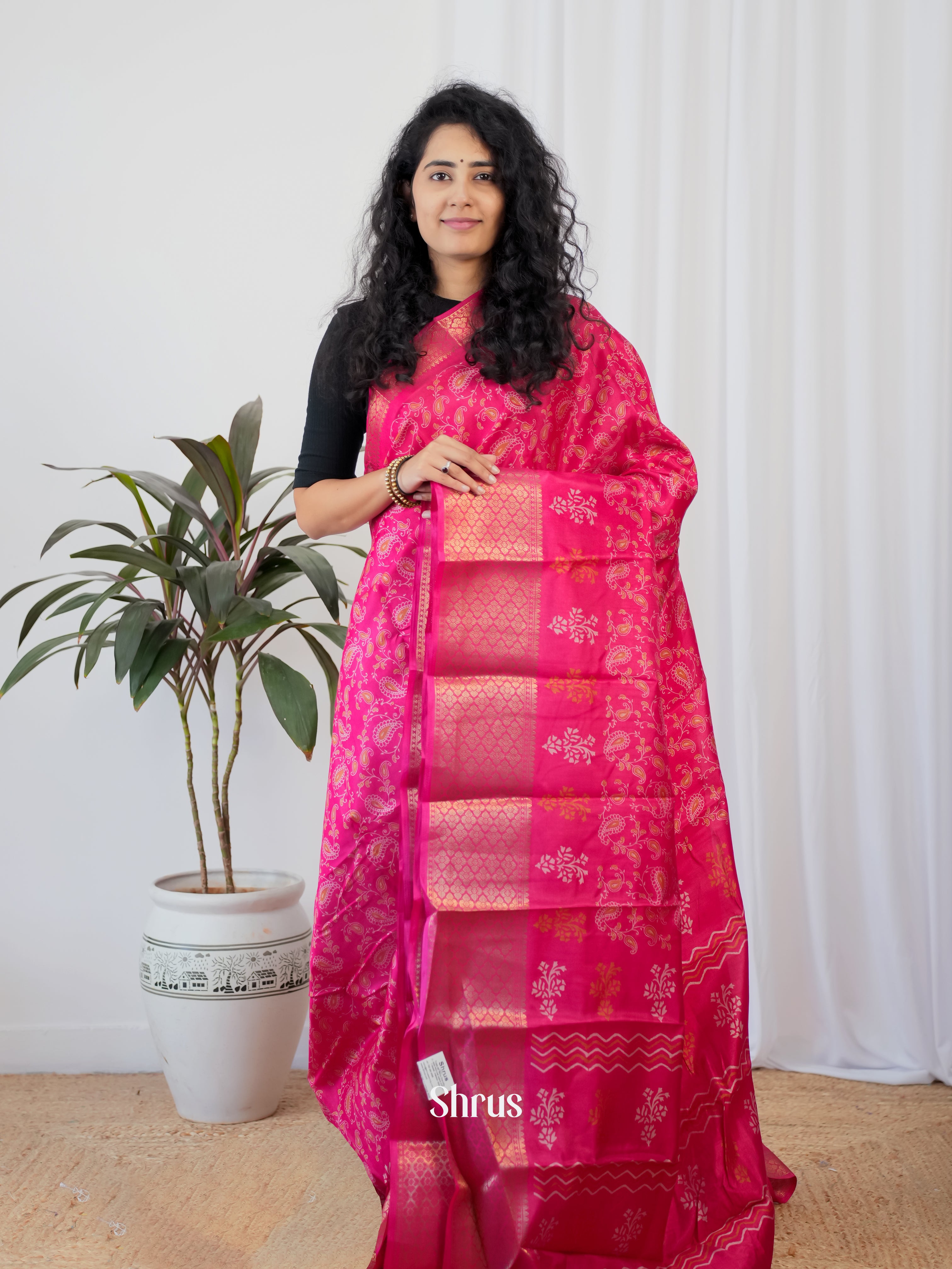 Pink - Semi Crepe Saree