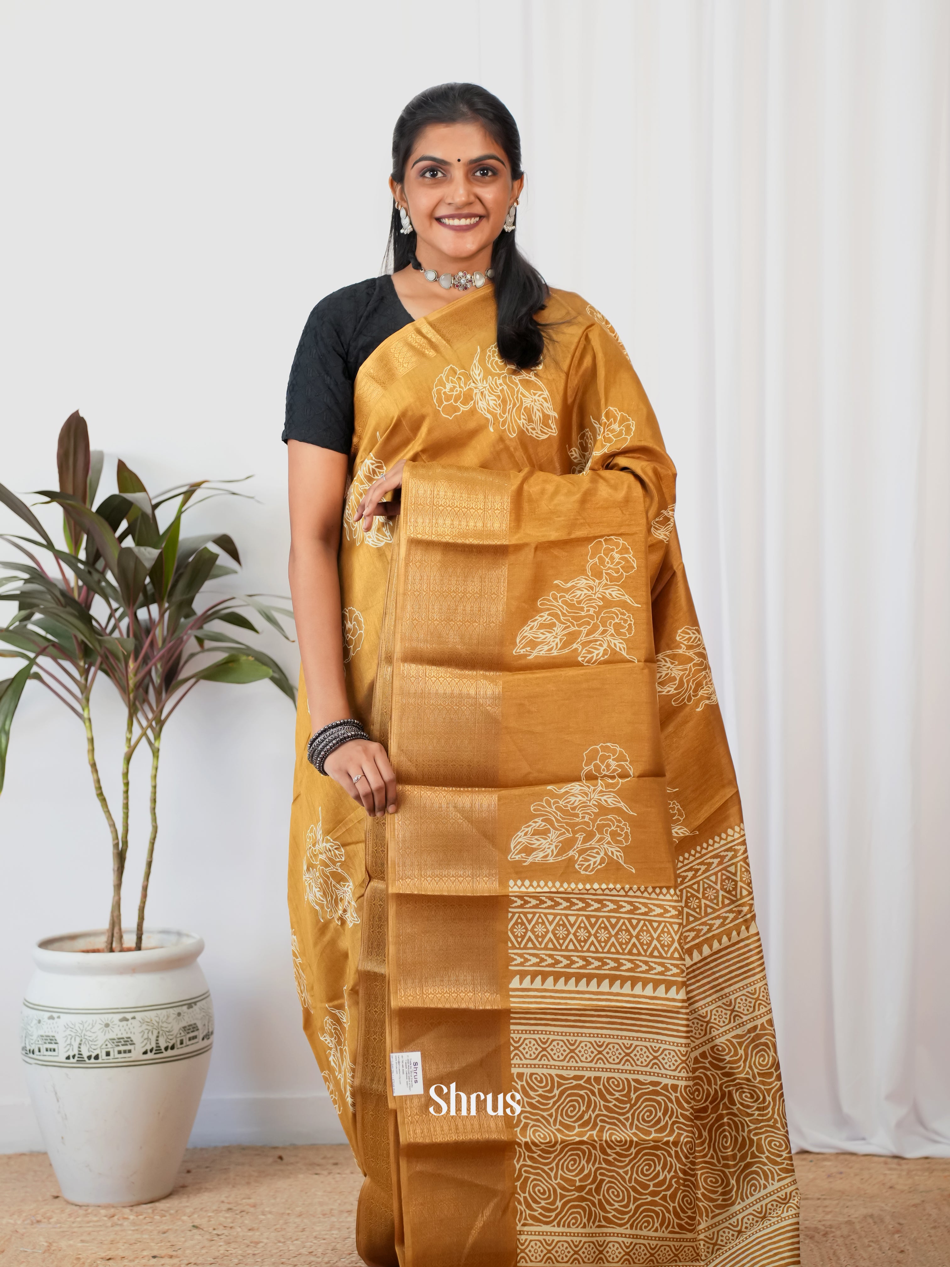 Mustard - Semi Crepe Saree