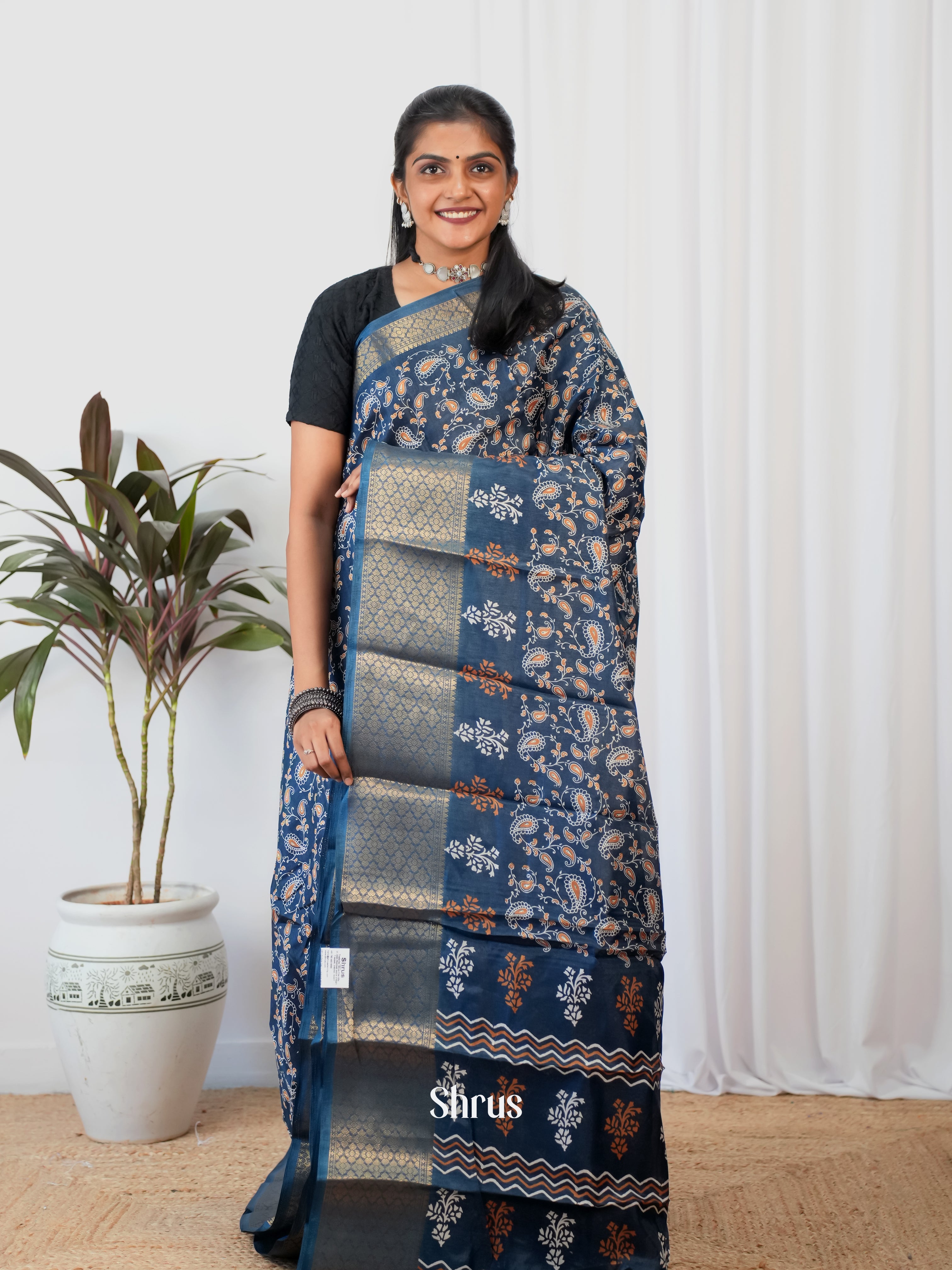 Blue - Semi Crepe Saree