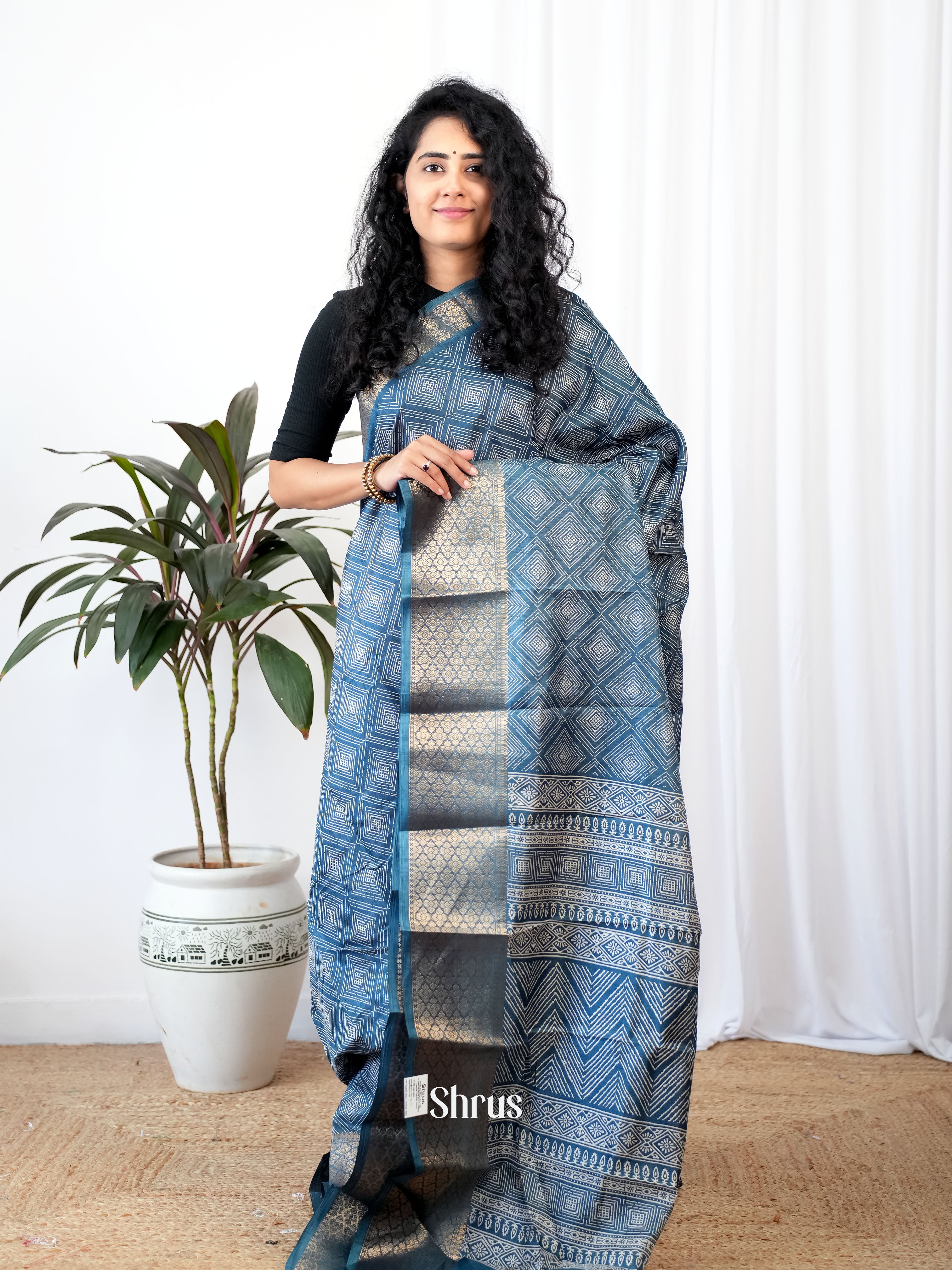 Blue - Semi Crepe Saree