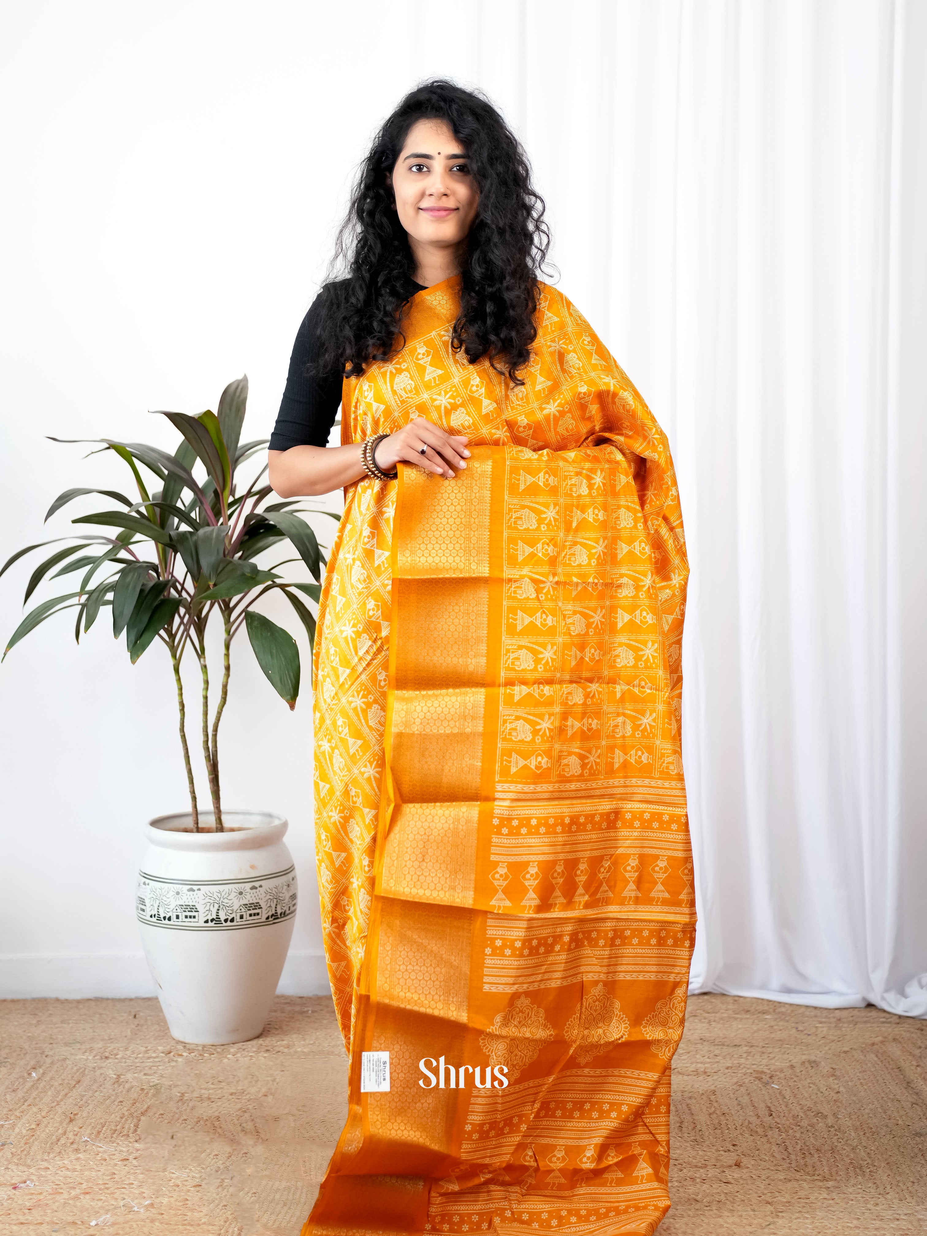 Mustard - Semi Crepe Saree