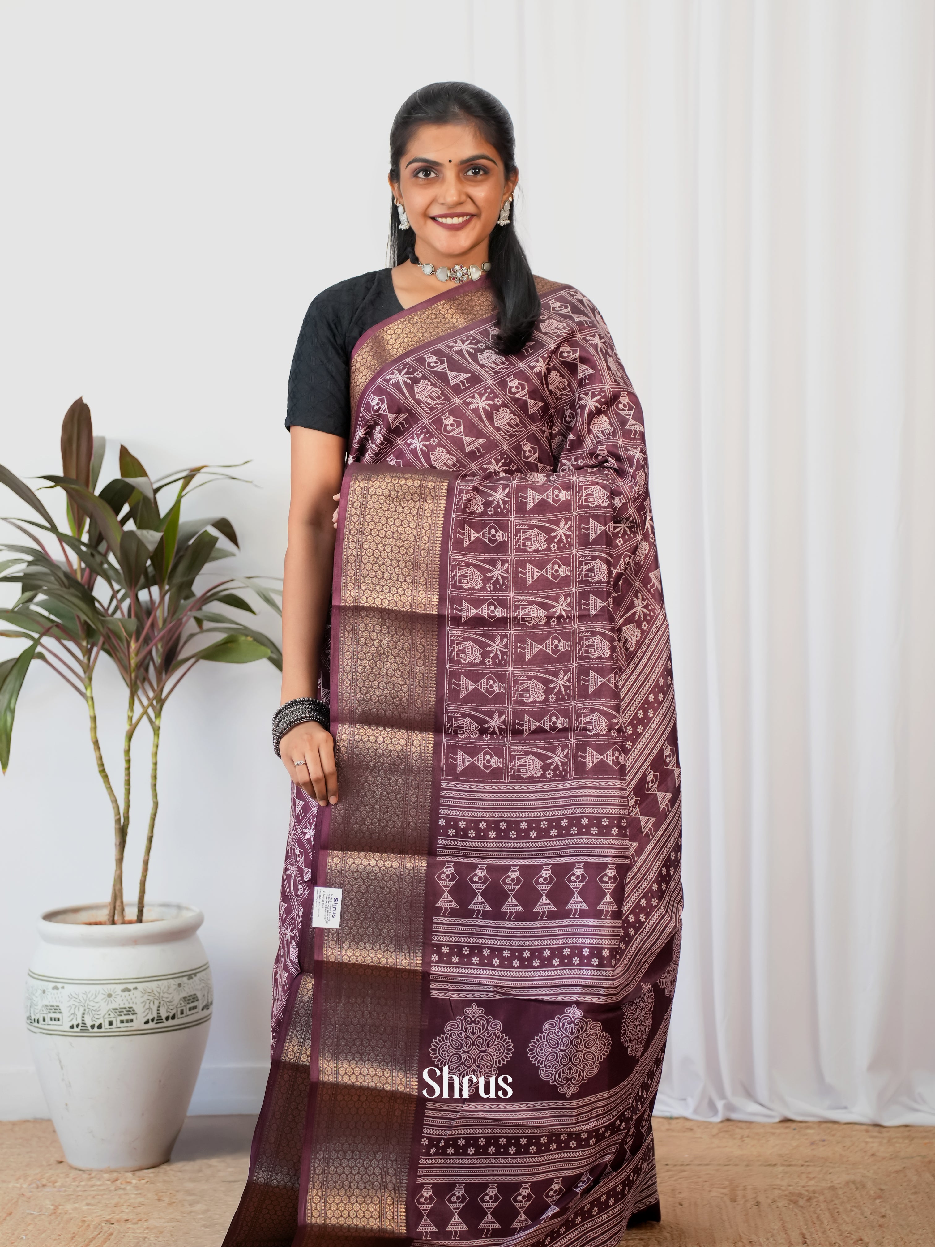 Brown - Semi Crepe Saree