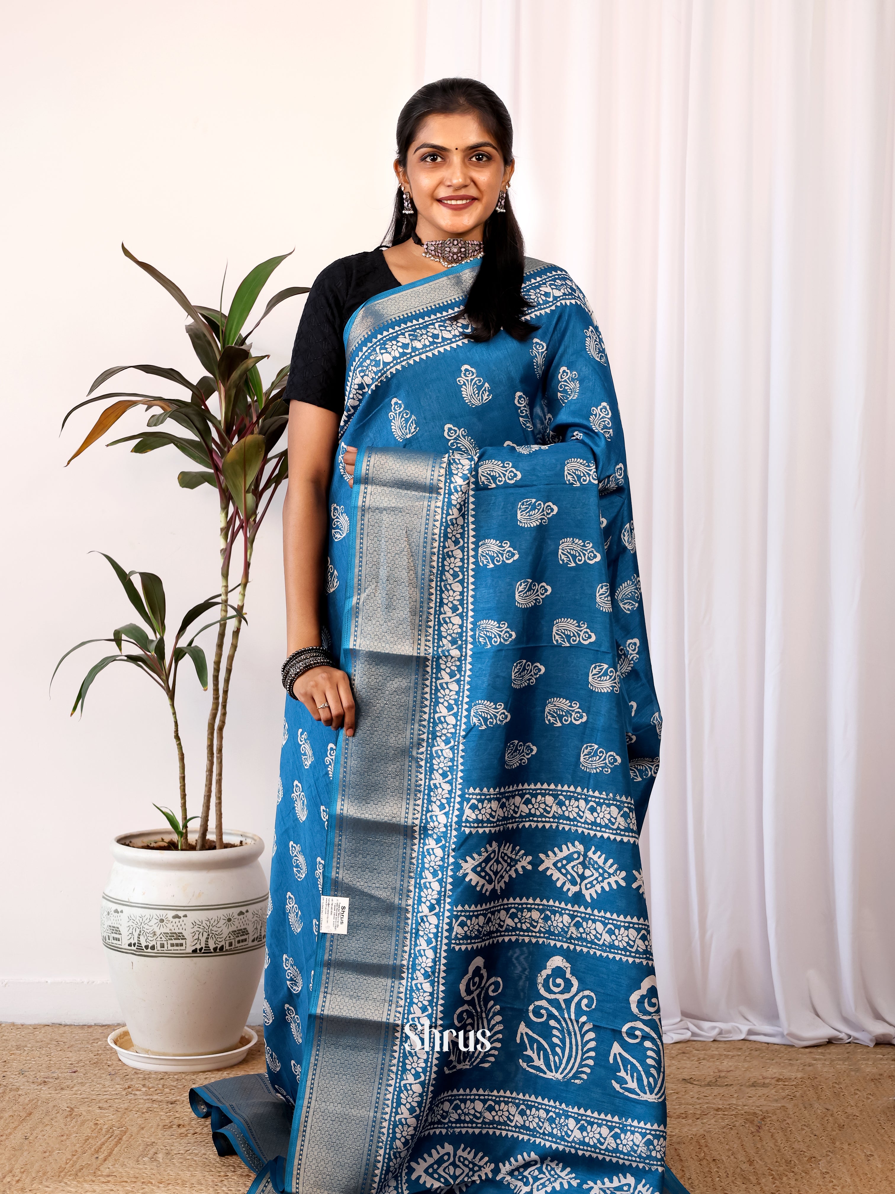 Blue - Semi Crepe Saree