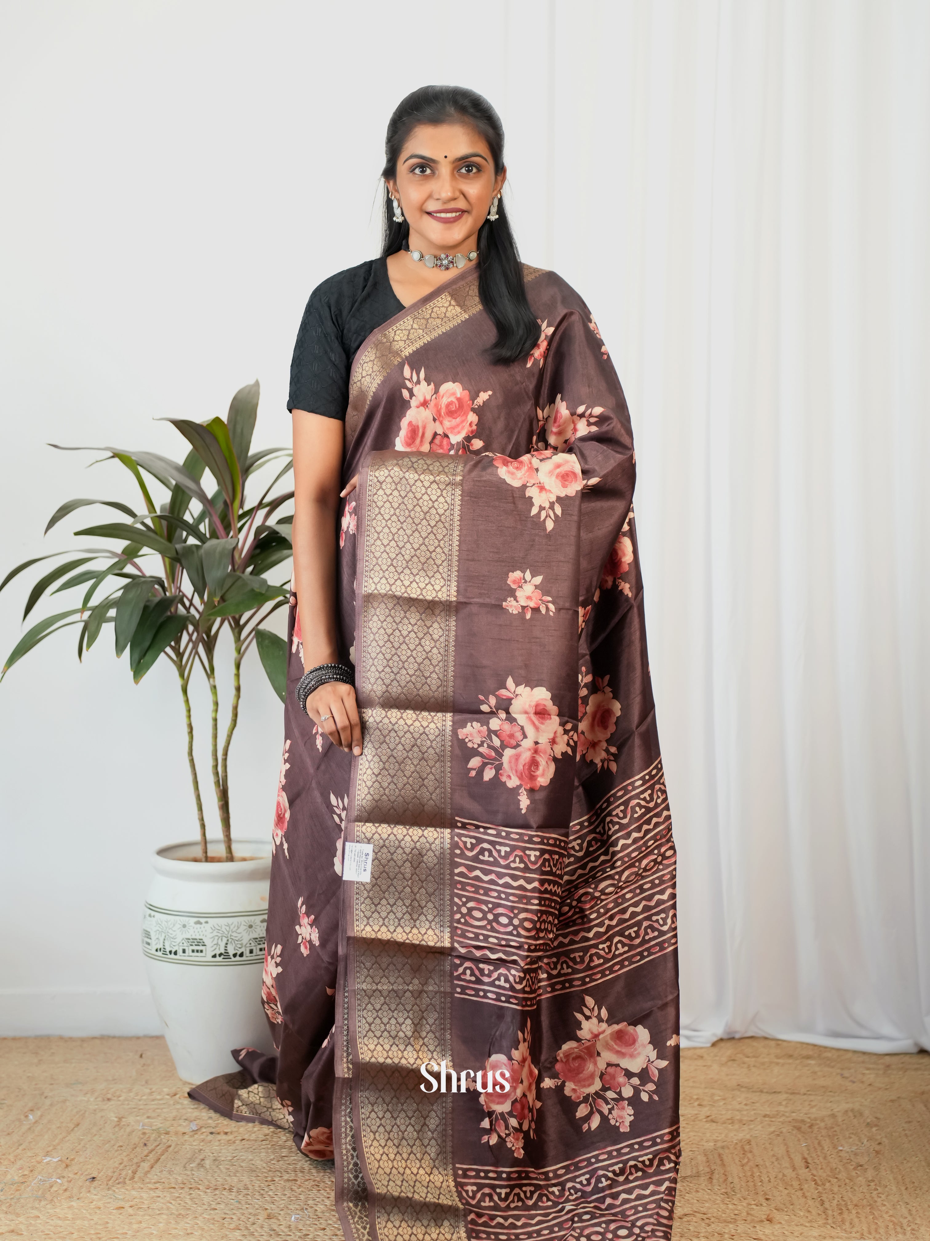 Brown - Semi Crepe Saree