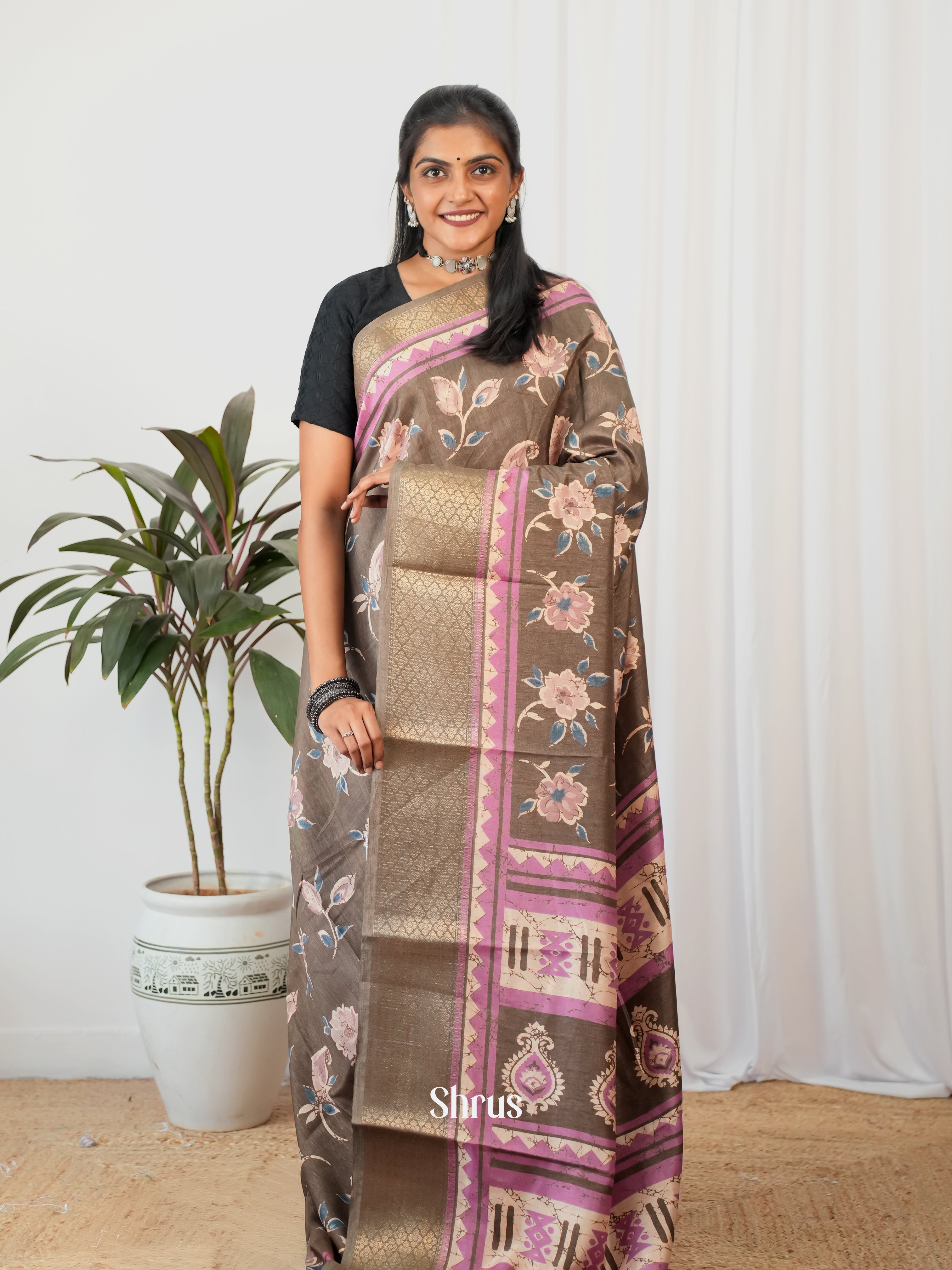 Grey & Purple - Semi Crepe Saree