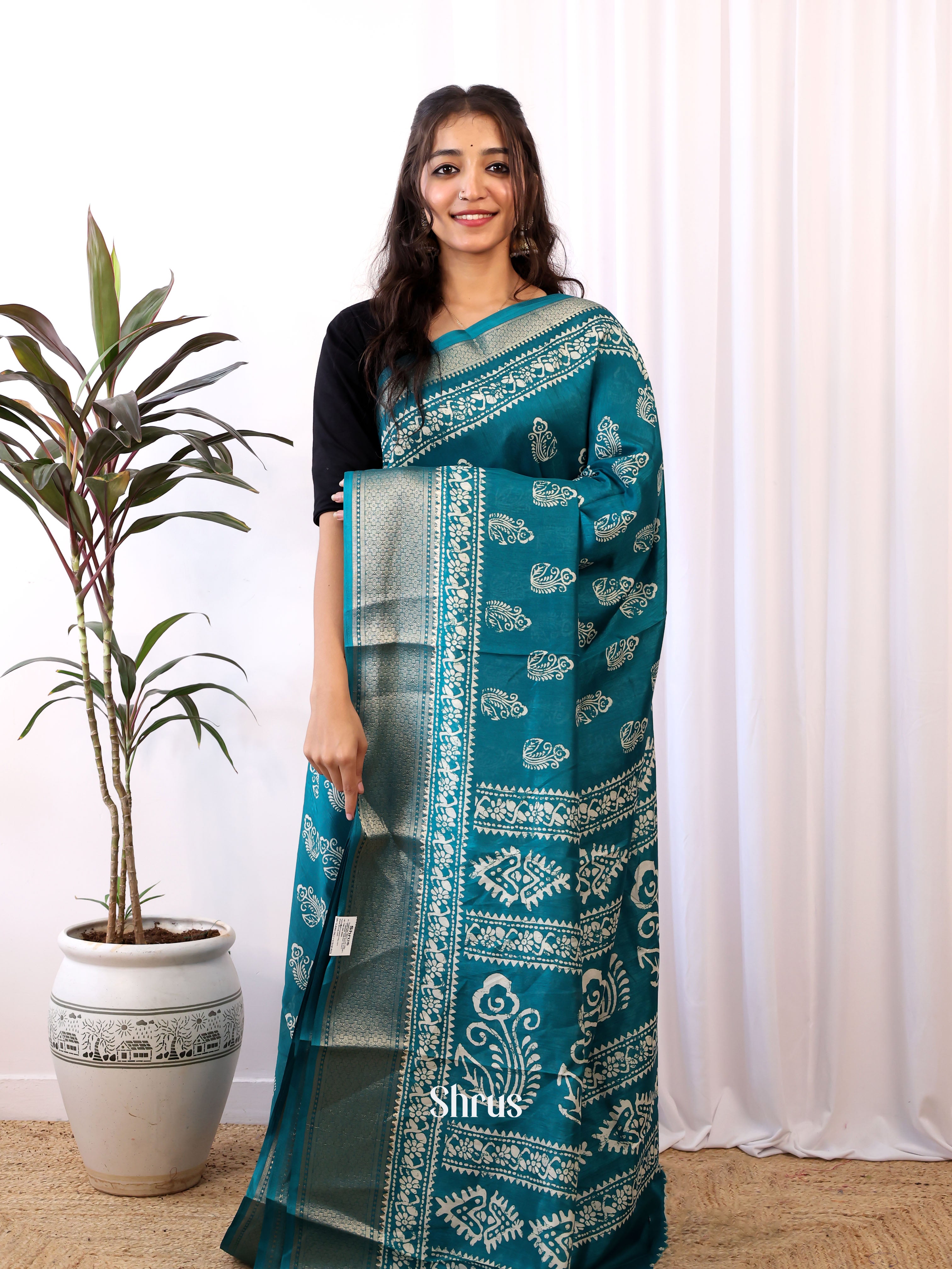 Teal - Semi Crepe Saree