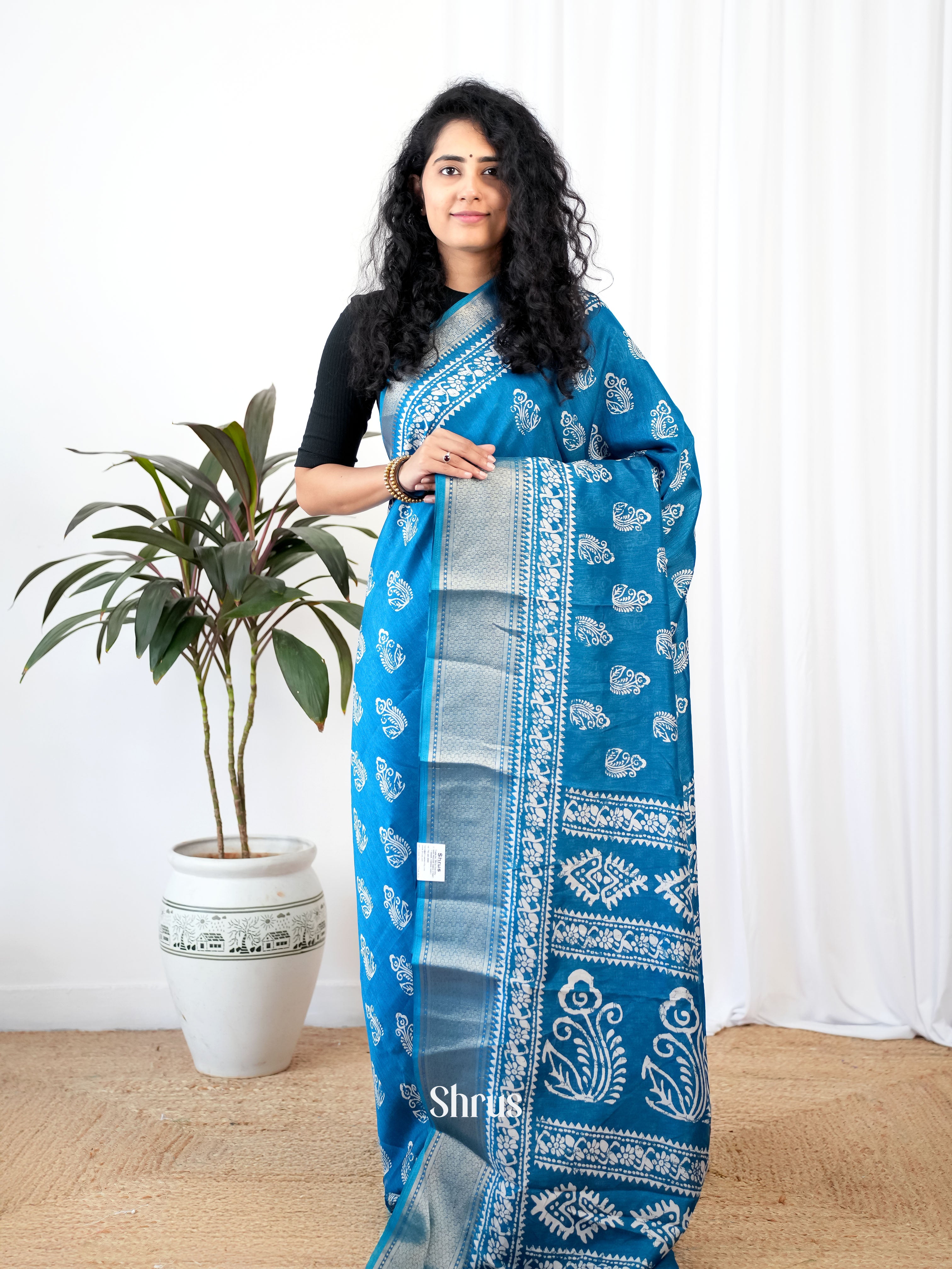 Blue - Semi Crepe Saree