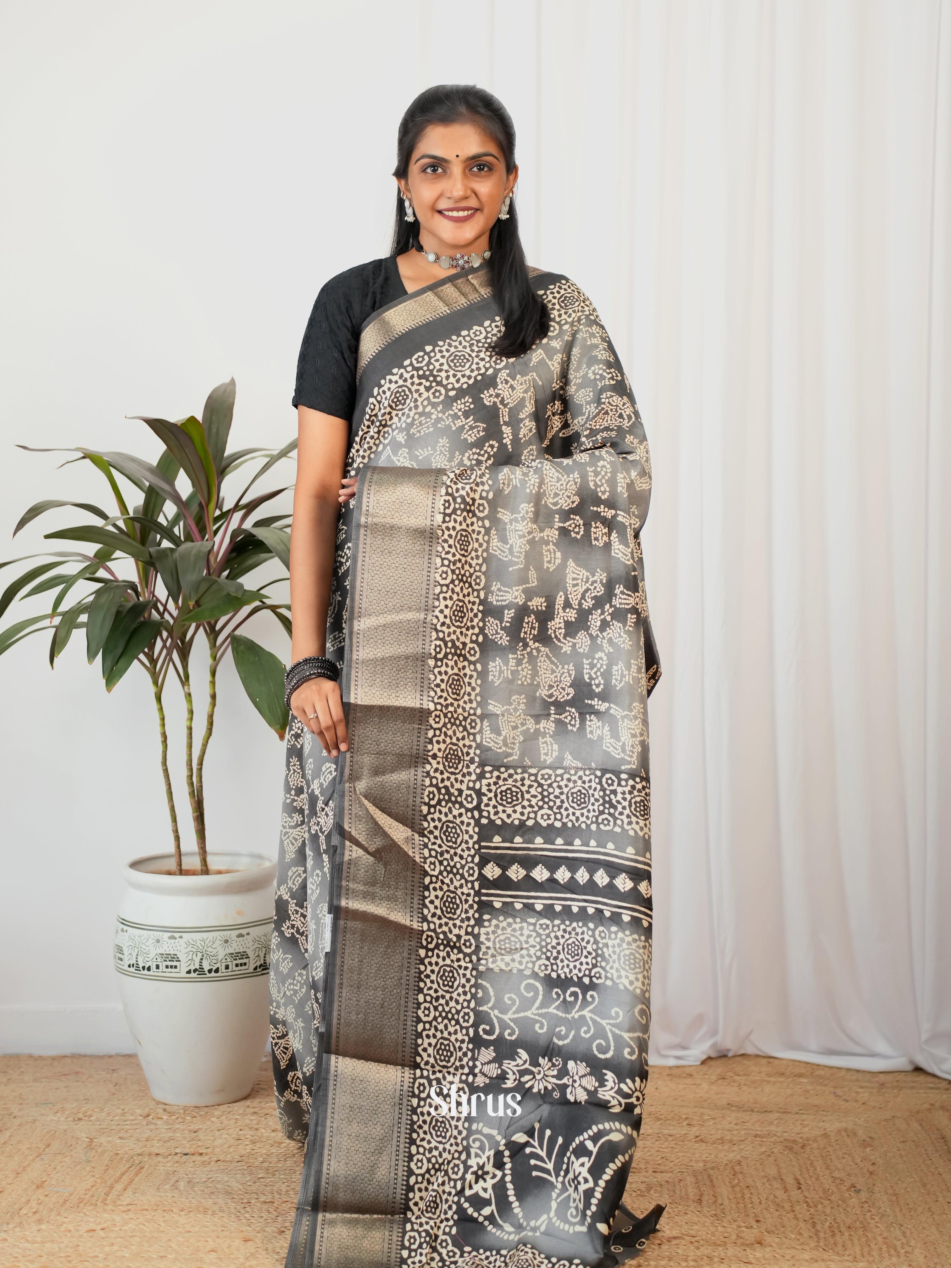 Grey - Semi Crepe Saree