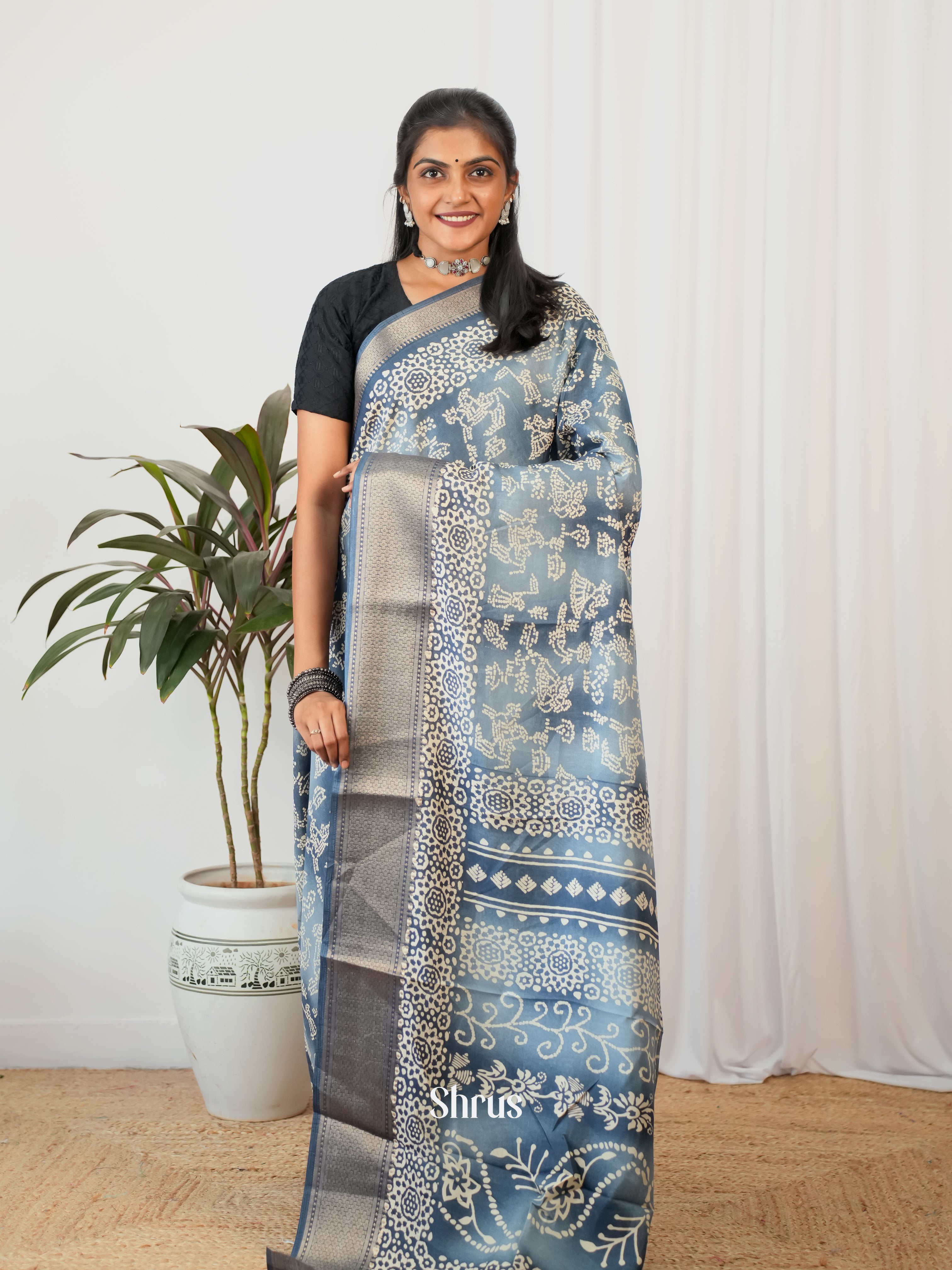 Blue - Semi Crepe Saree