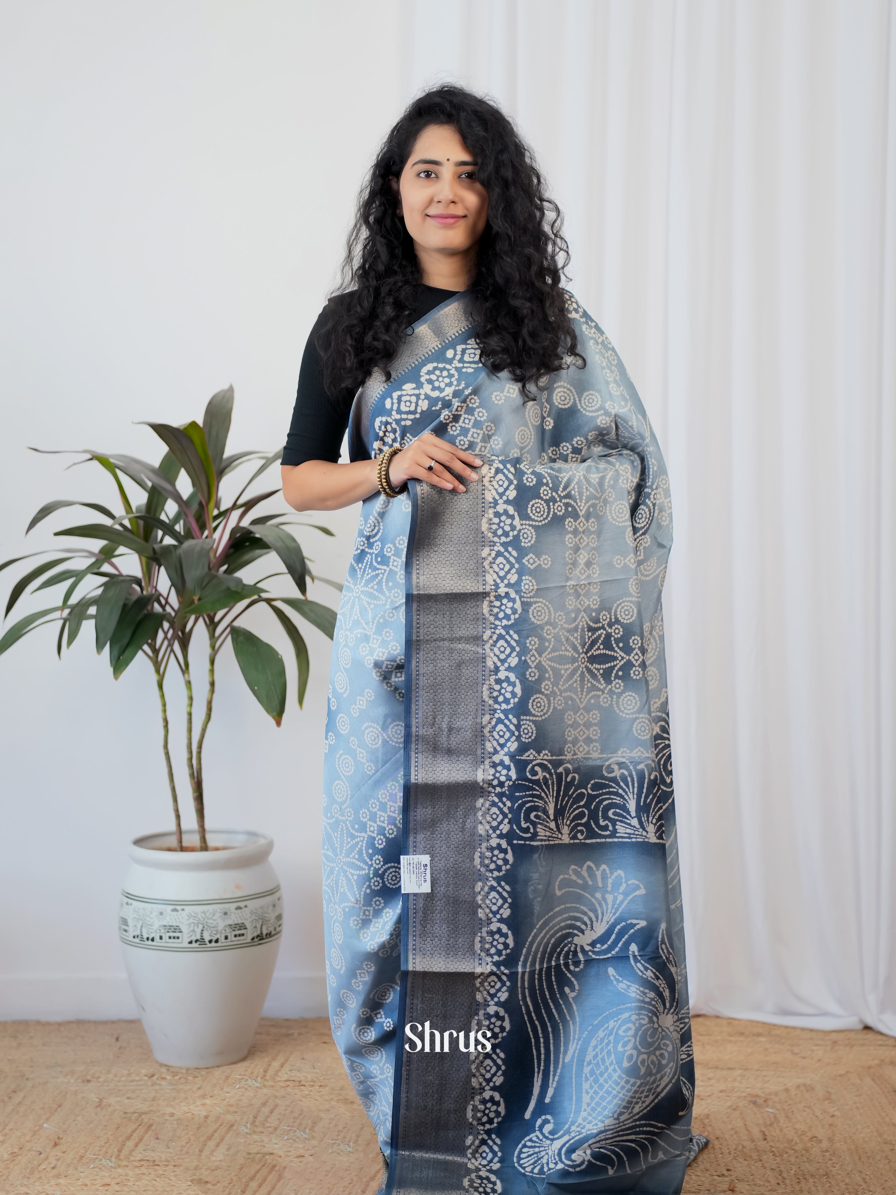 Blue - Semi Crepe Saree