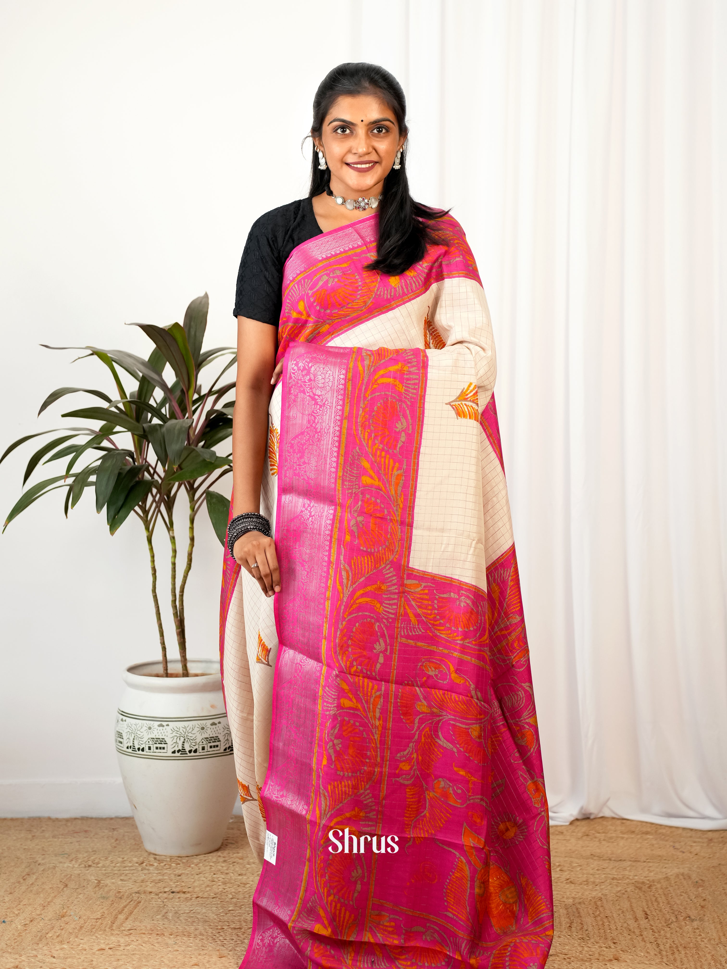 Cream & Pink - Semi Crepe Saree