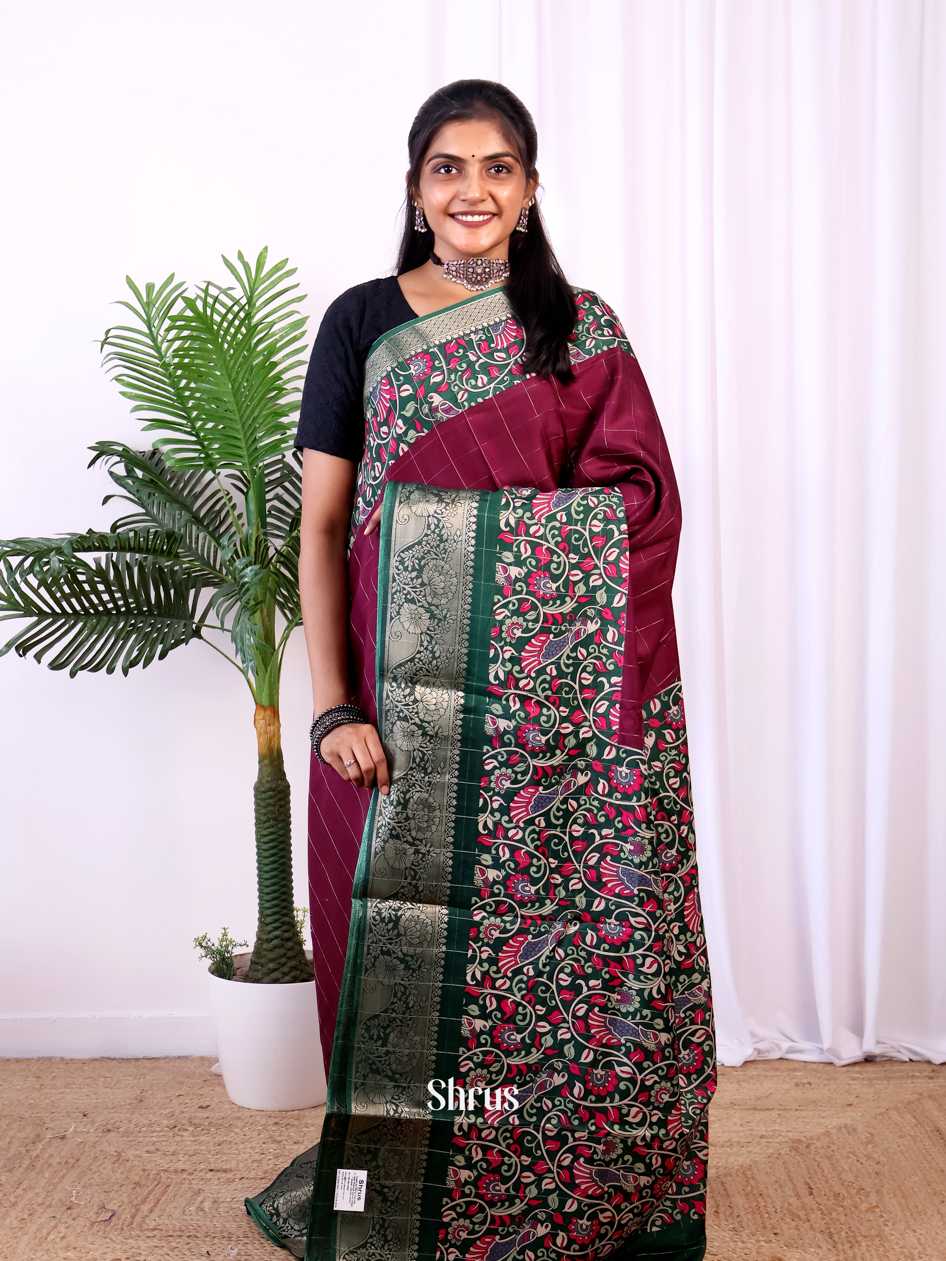 Maroon &  Green - Semi Crepe Saree