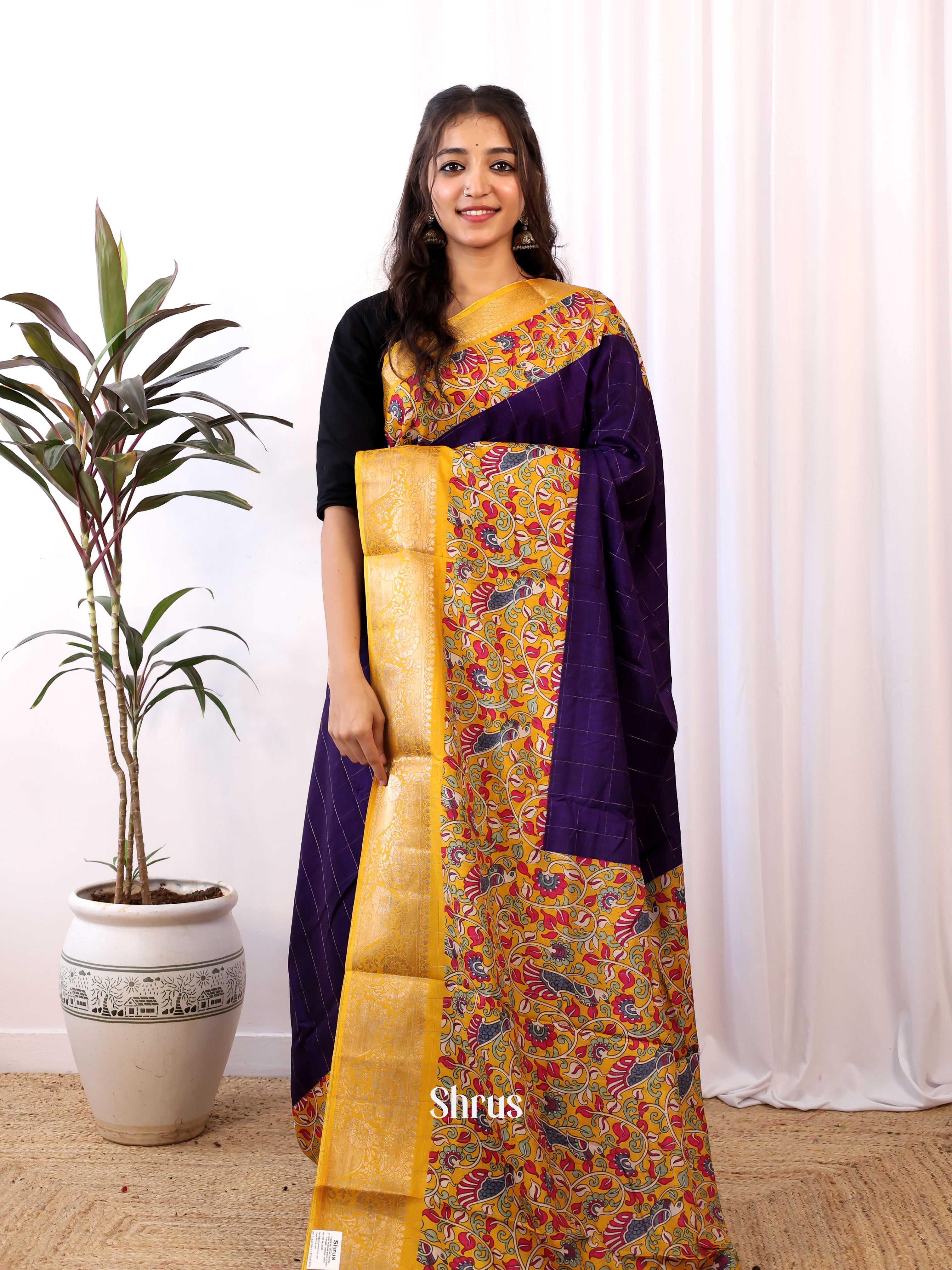 Violet & Yellow - Semi Crepe Saree