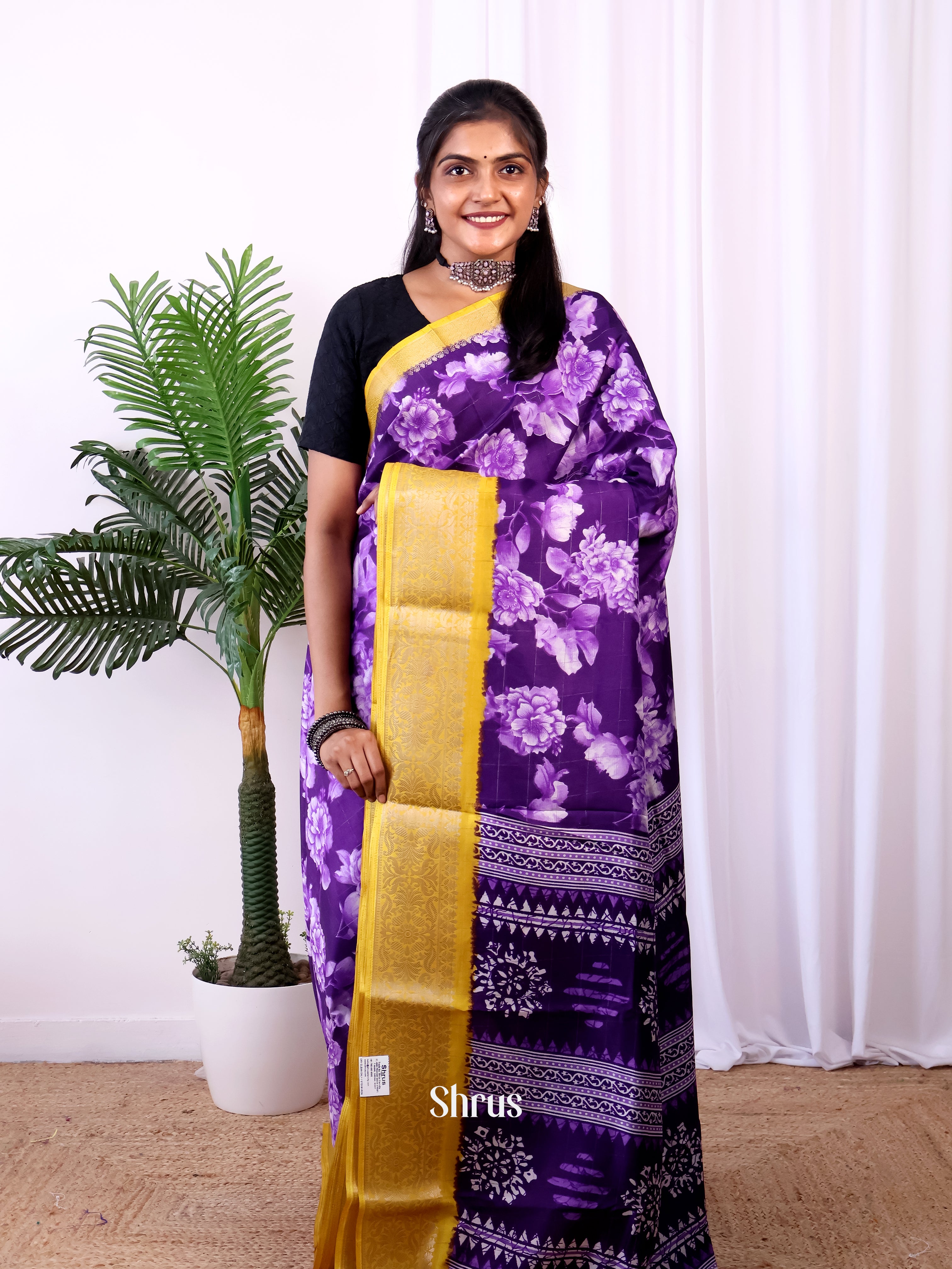 Violet & Yellow - Semi Crepe Saree