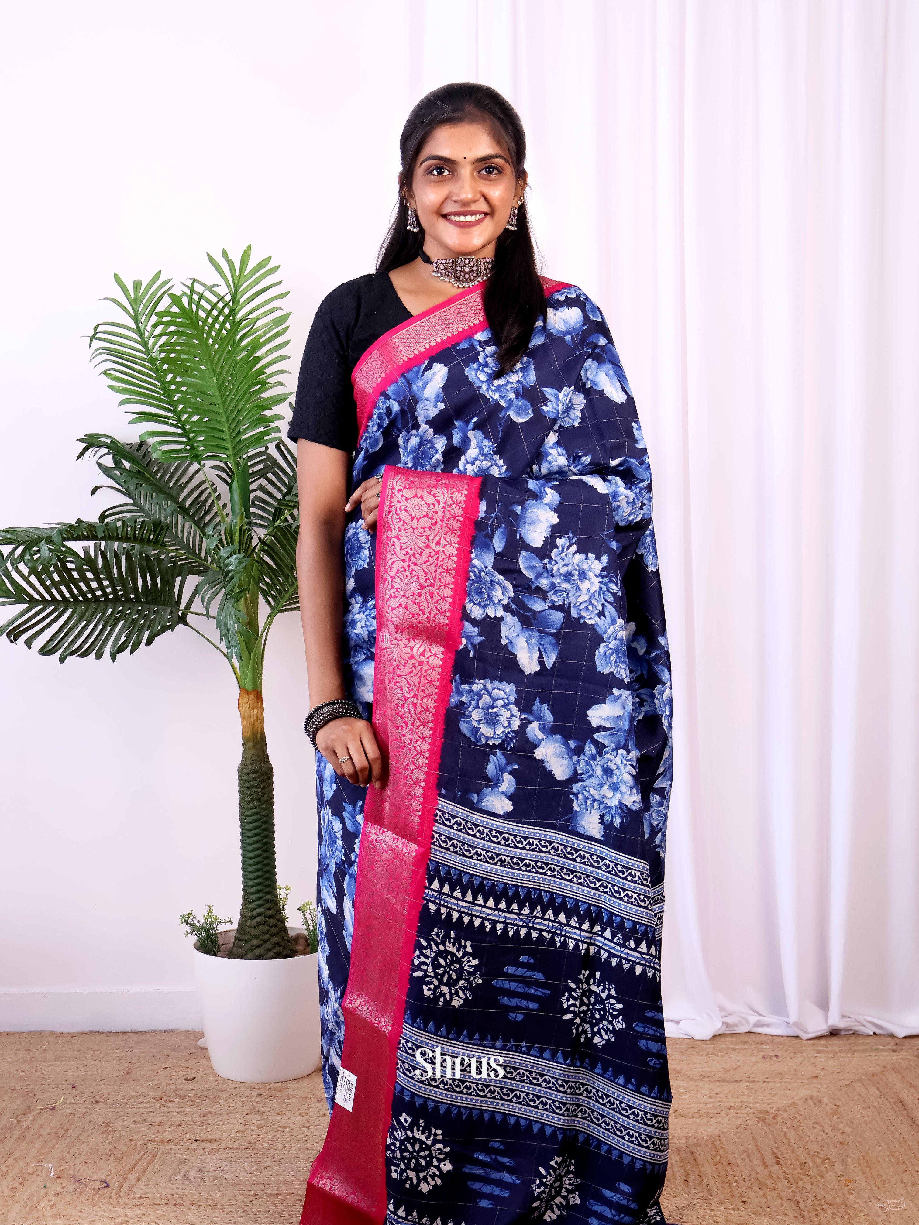 Blue & Pink- Semi Crepe Saree