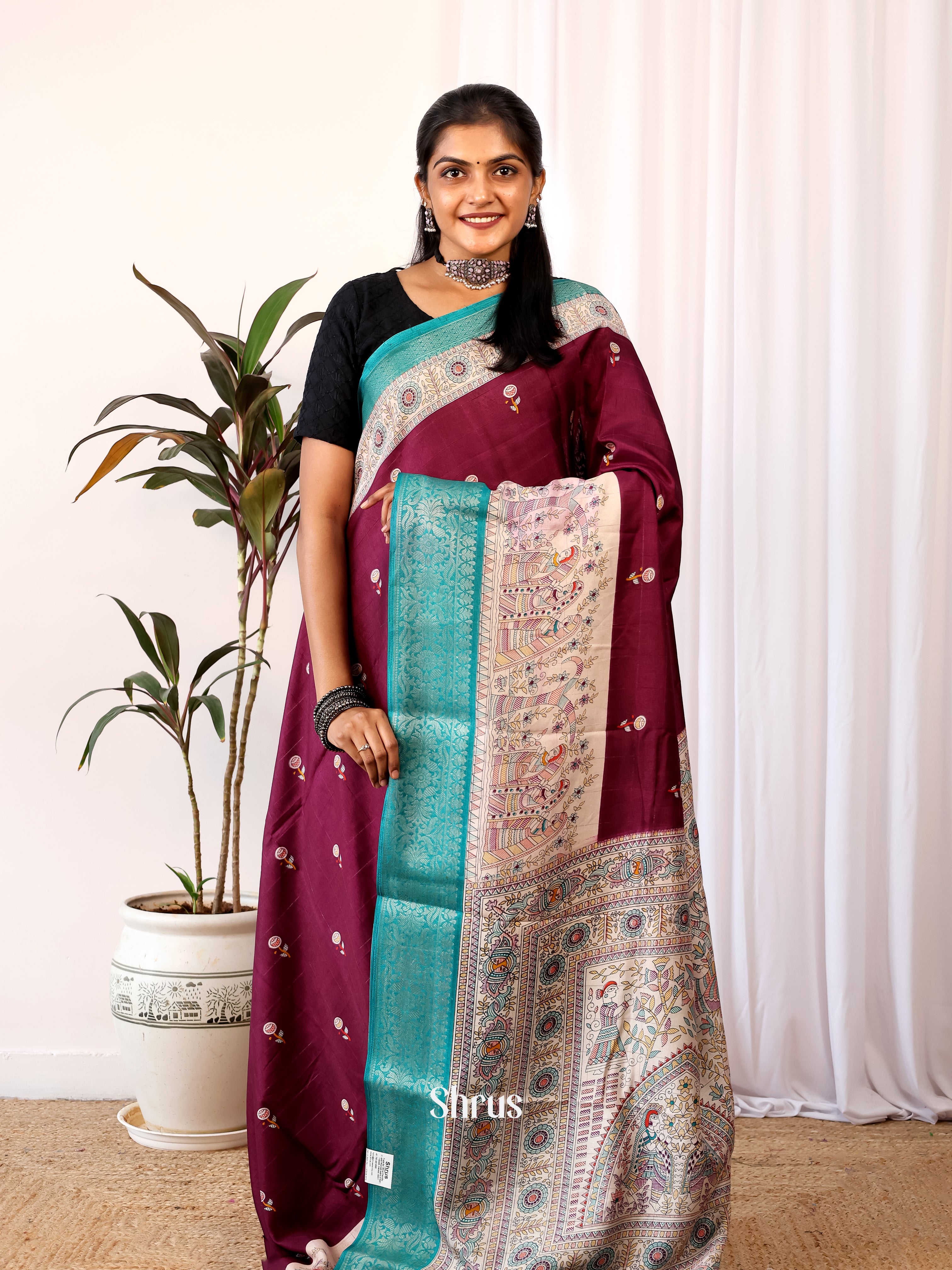 Wine  & Teal  - Semi Crepe Saree