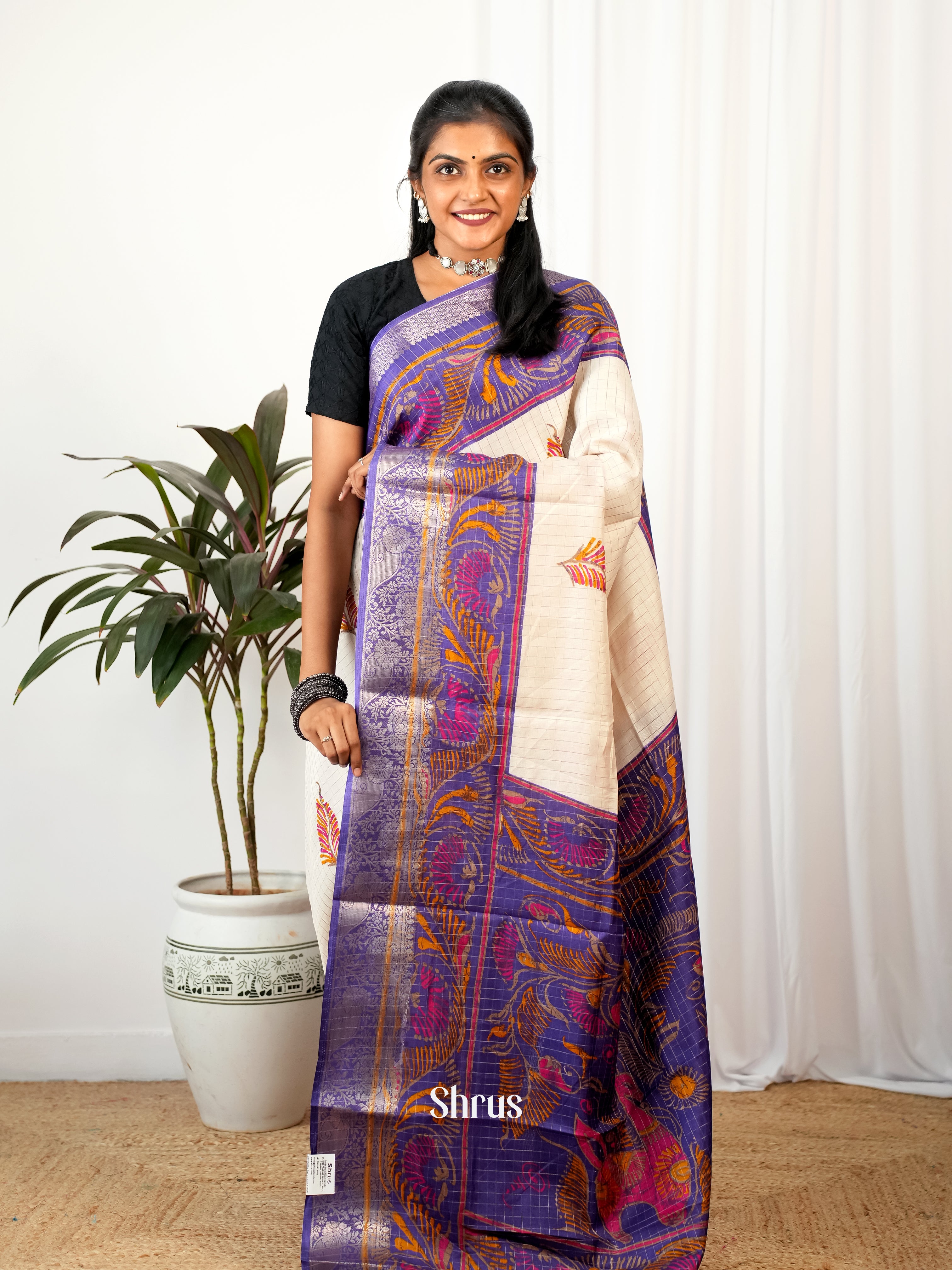 Cream & Violet - Semi Crepe Saree