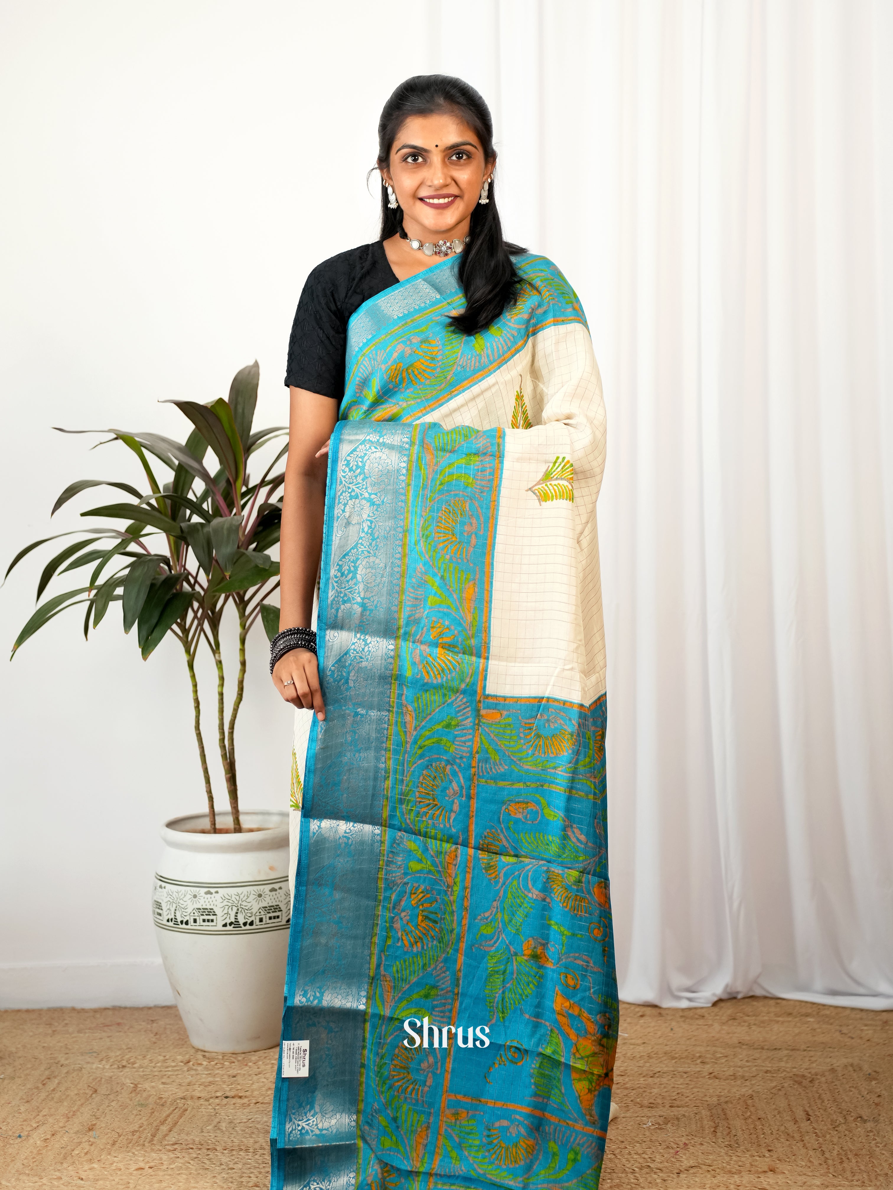 Cream & Green- Semi Crepe Saree