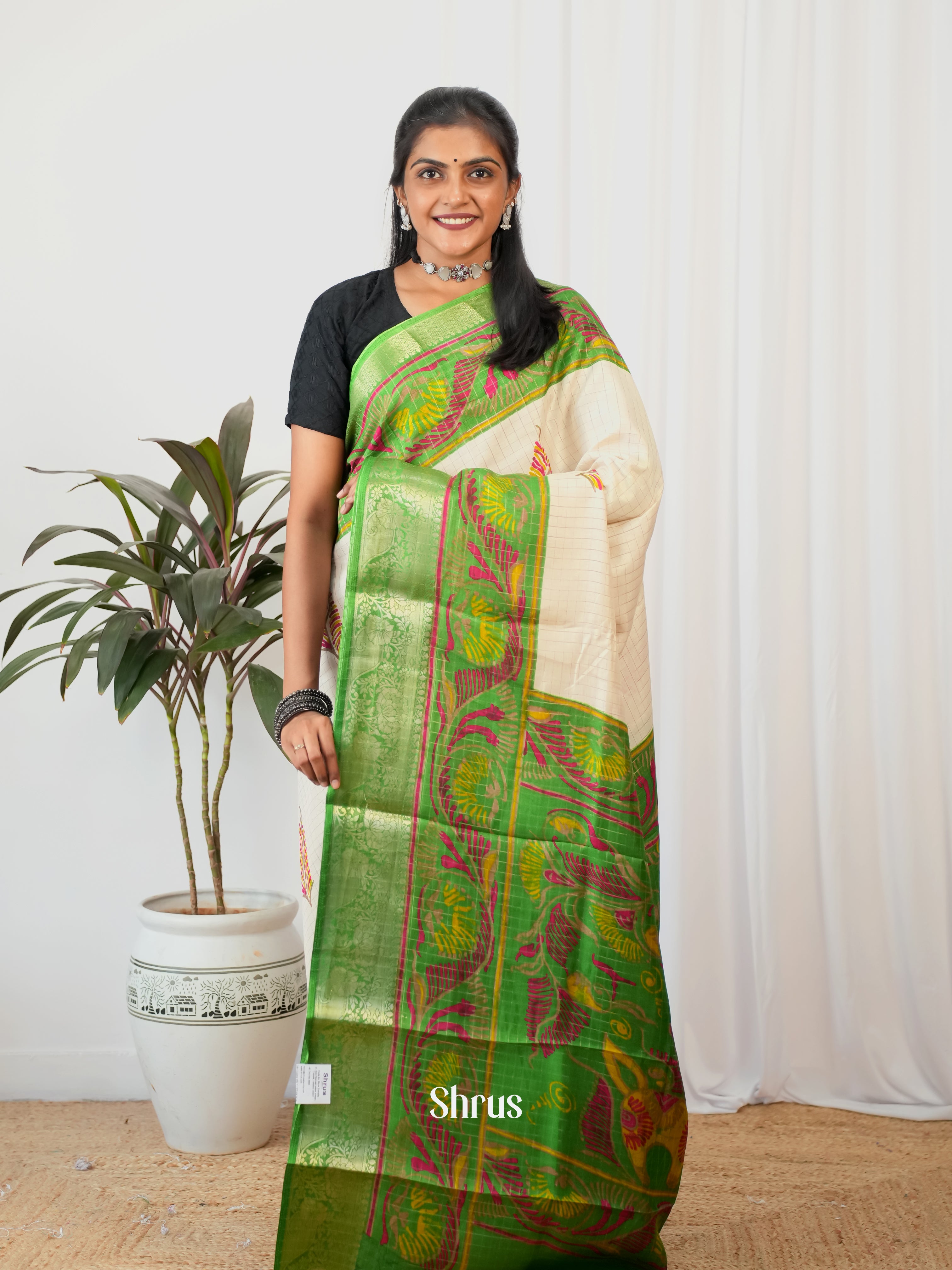 Cream & Parrot Green- Semi Crepe Saree