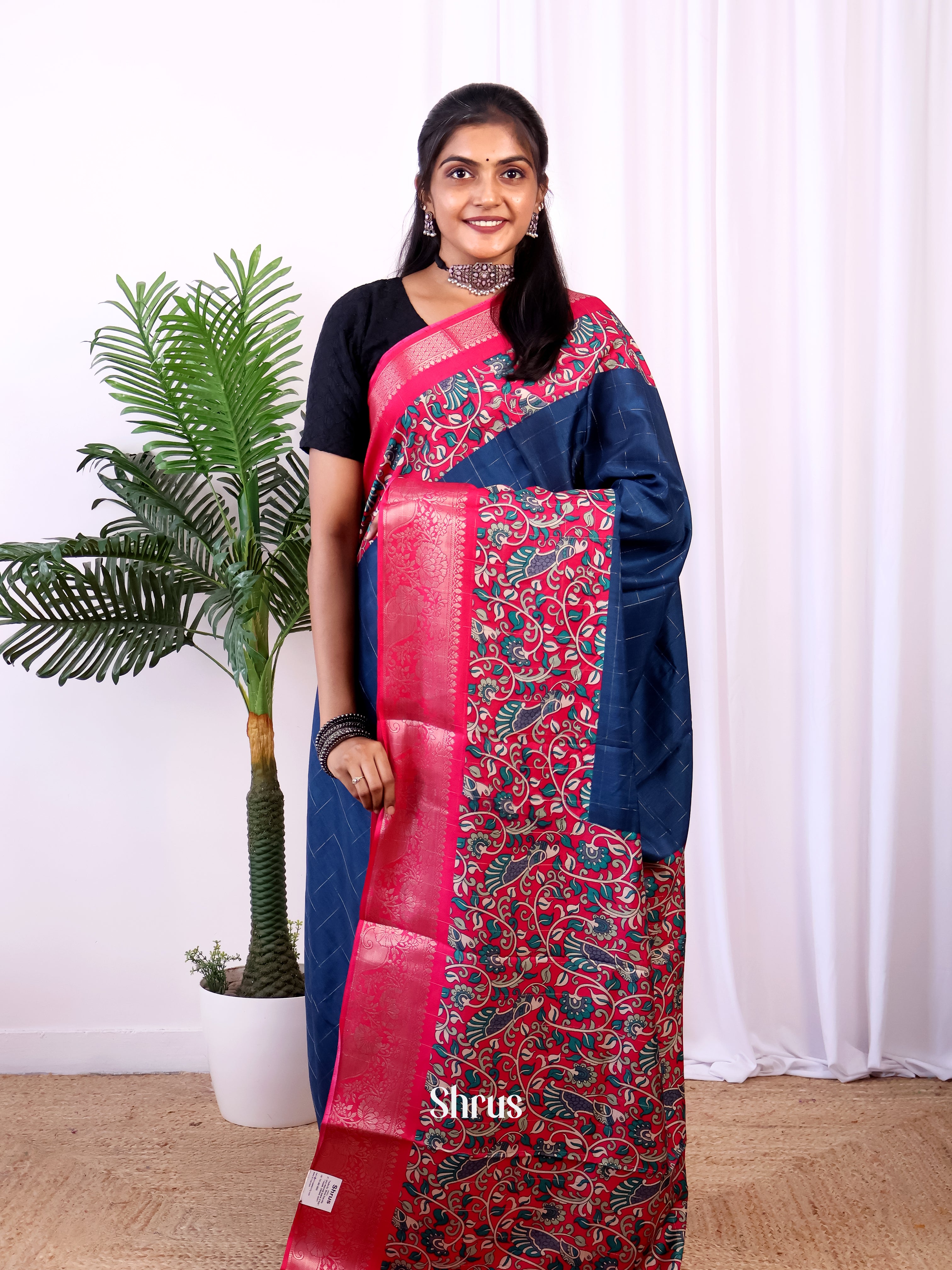 Blue & Pink - Semi Crepe Saree