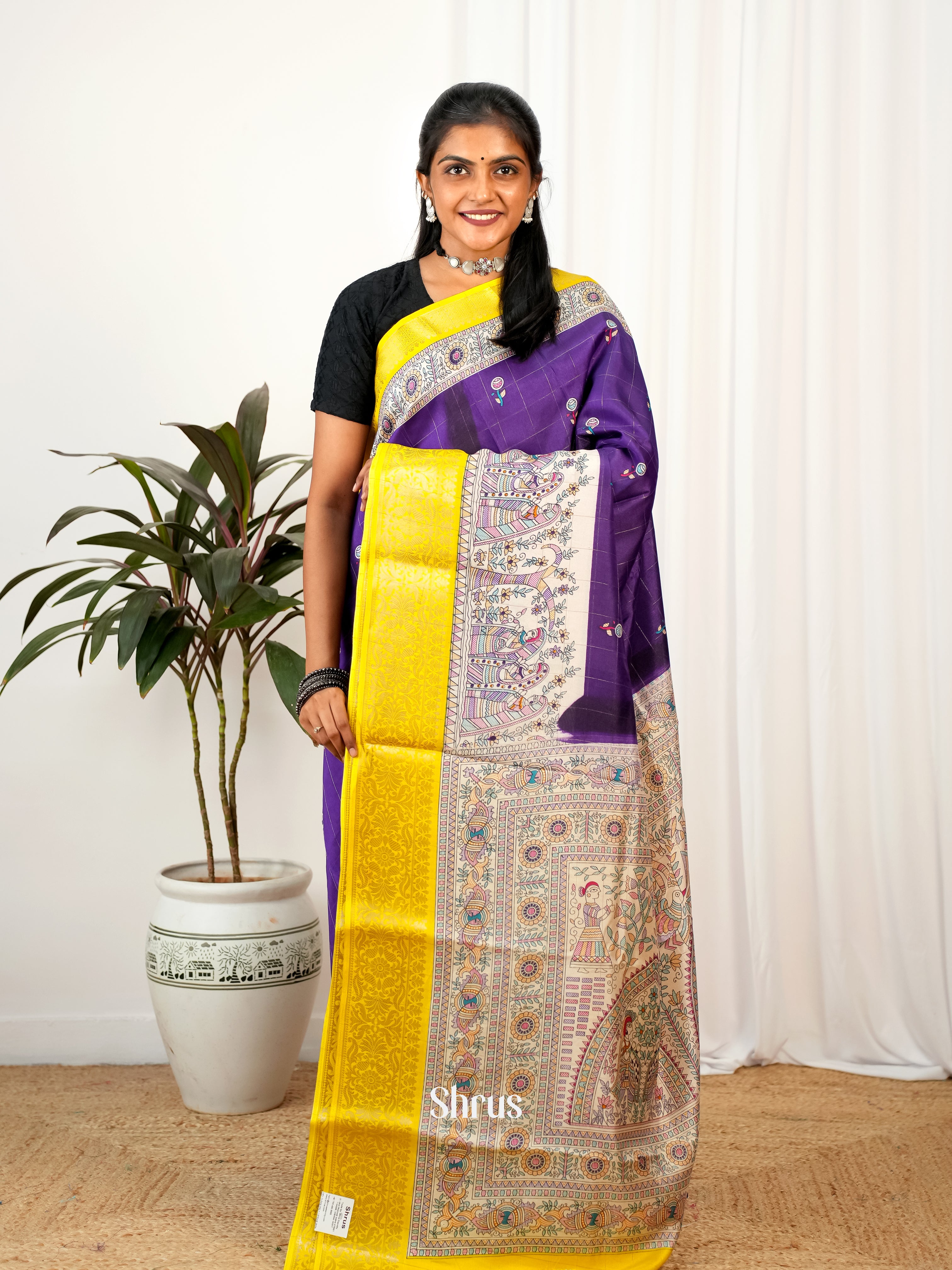 Violet & Yellow - Semi Crepe Saree