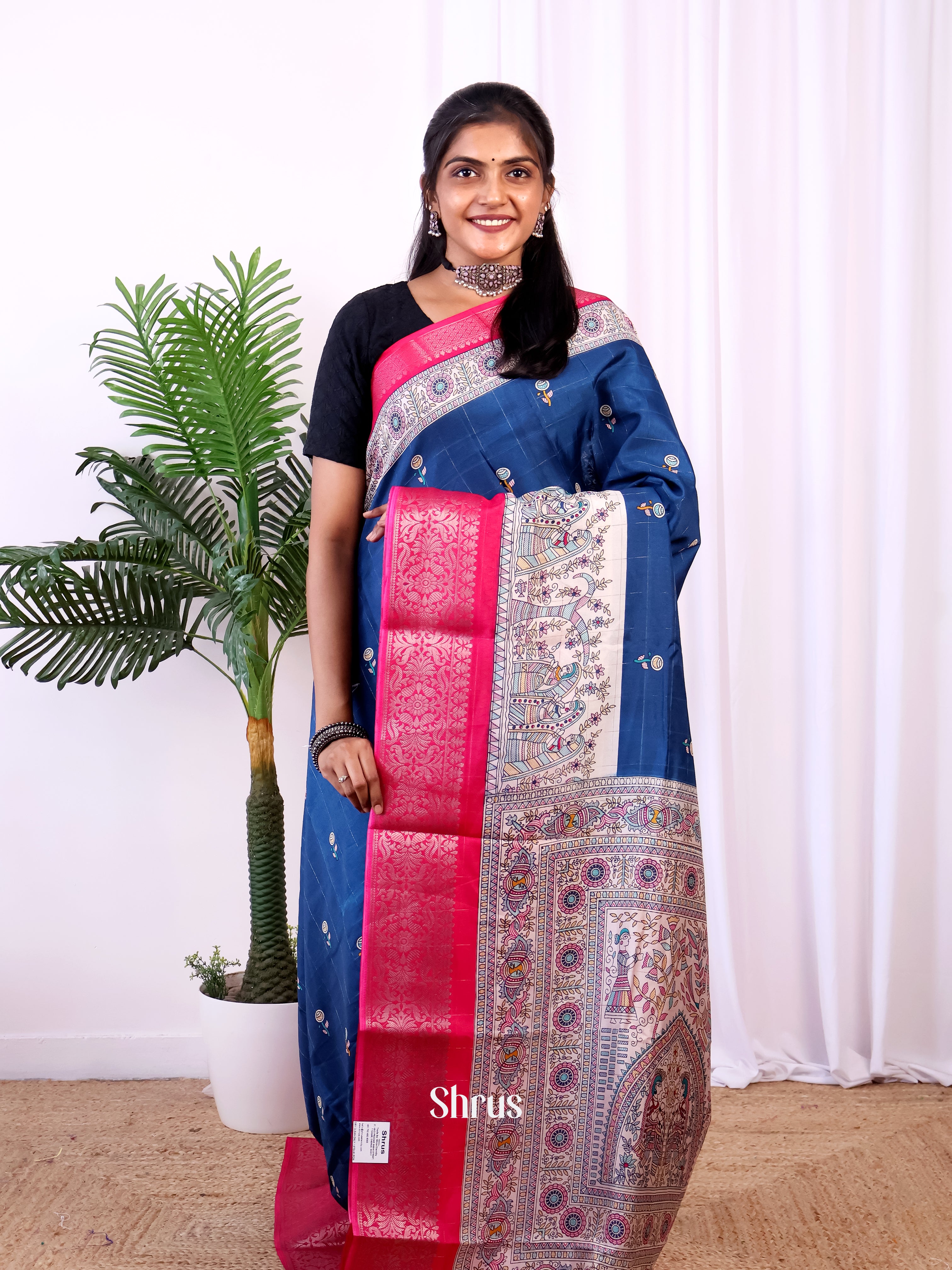 Blue & Red - Semi Crepe Saree