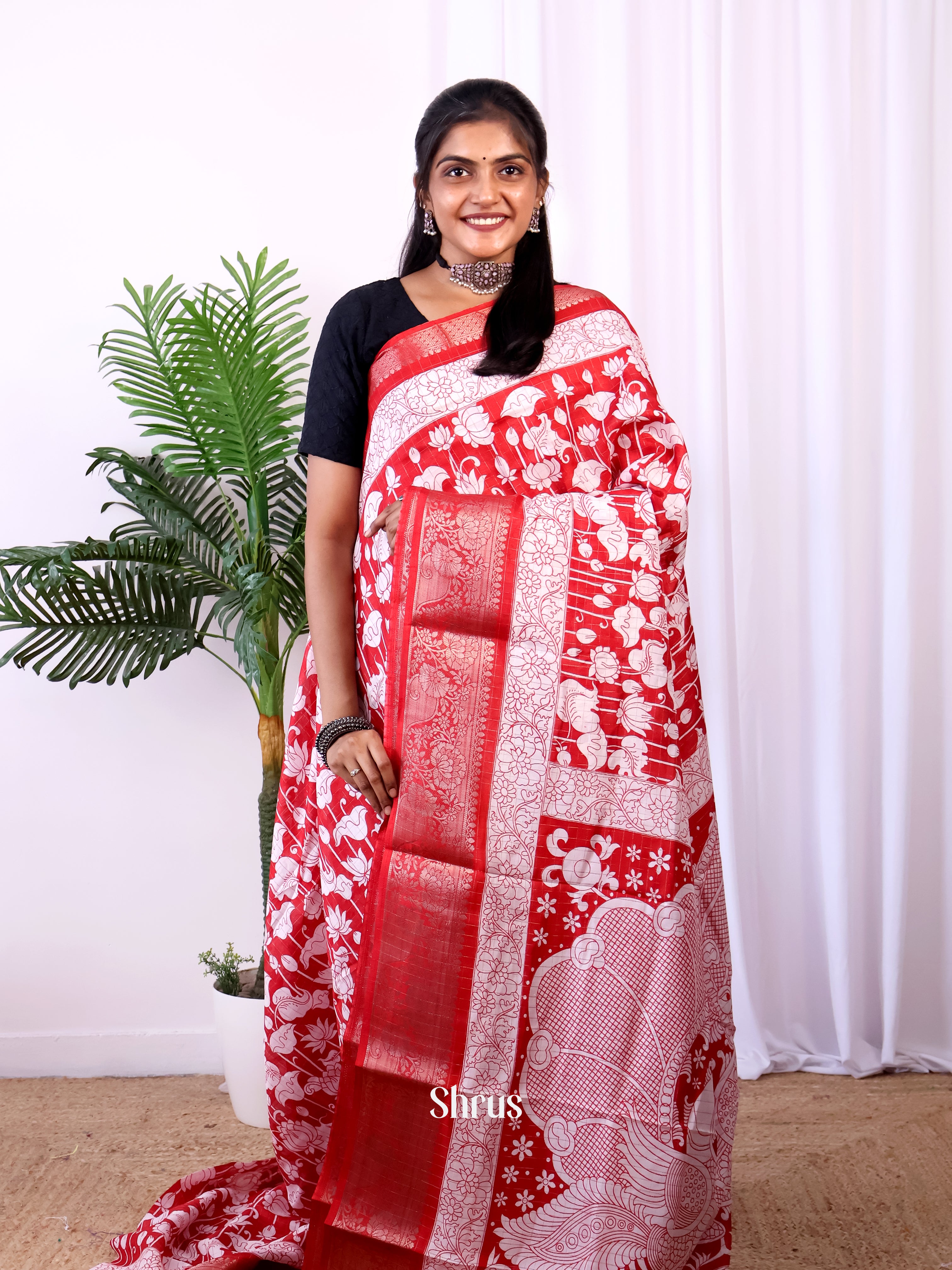 Red - Semi Crepe Saree