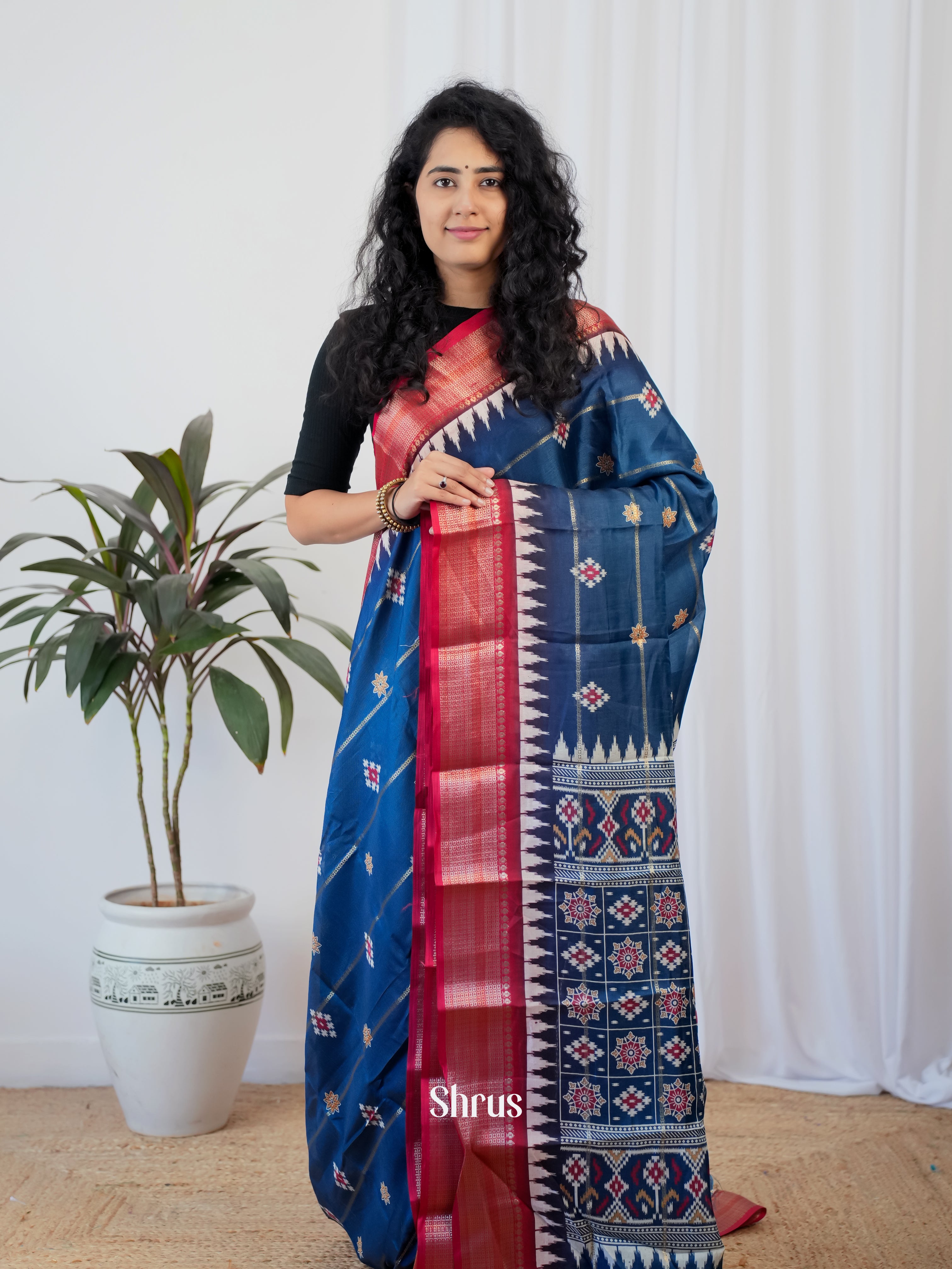 Blue & Red  - Semi Crepe Saree