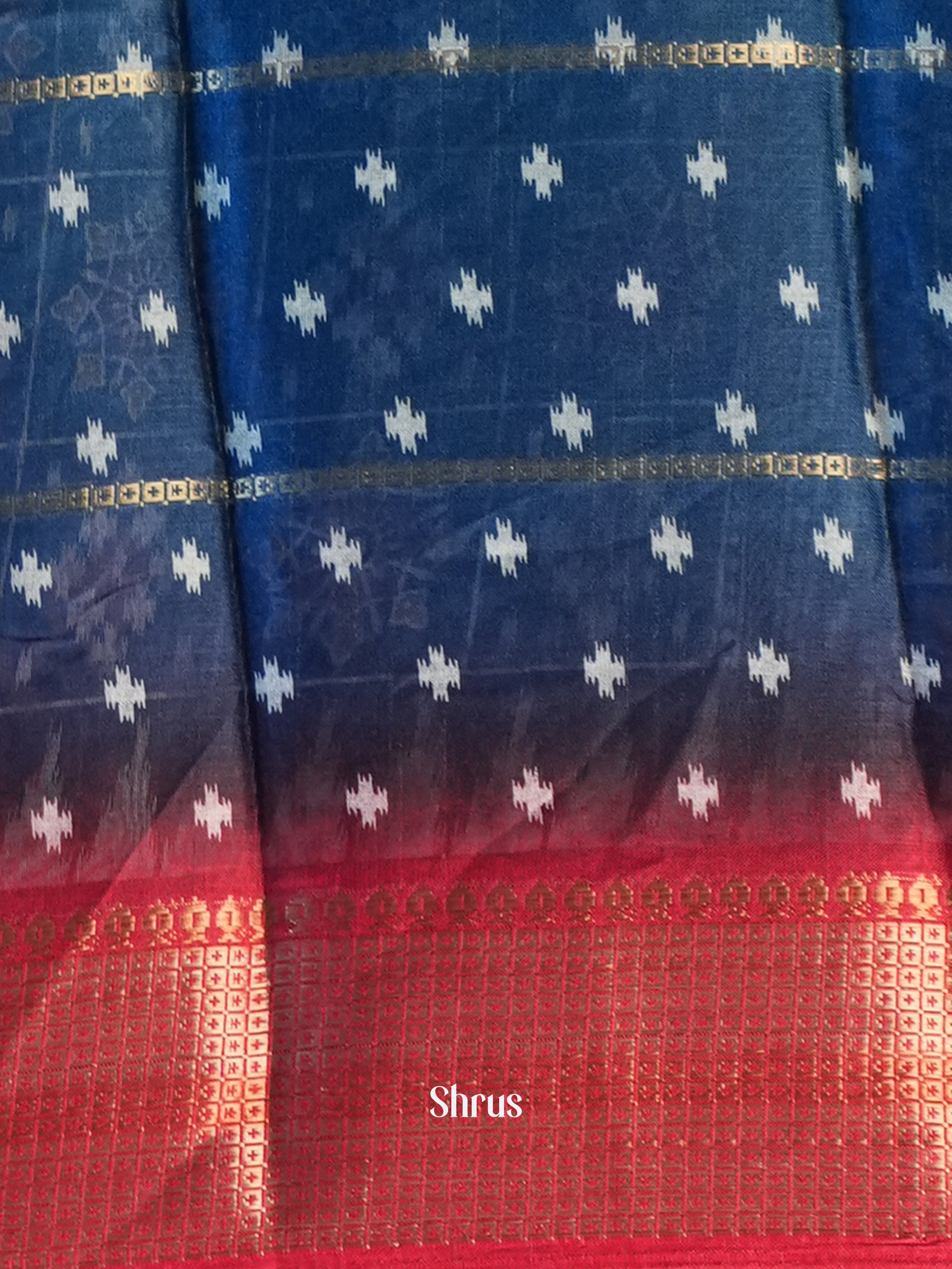 Blue & Red  - Semi Crepe Saree