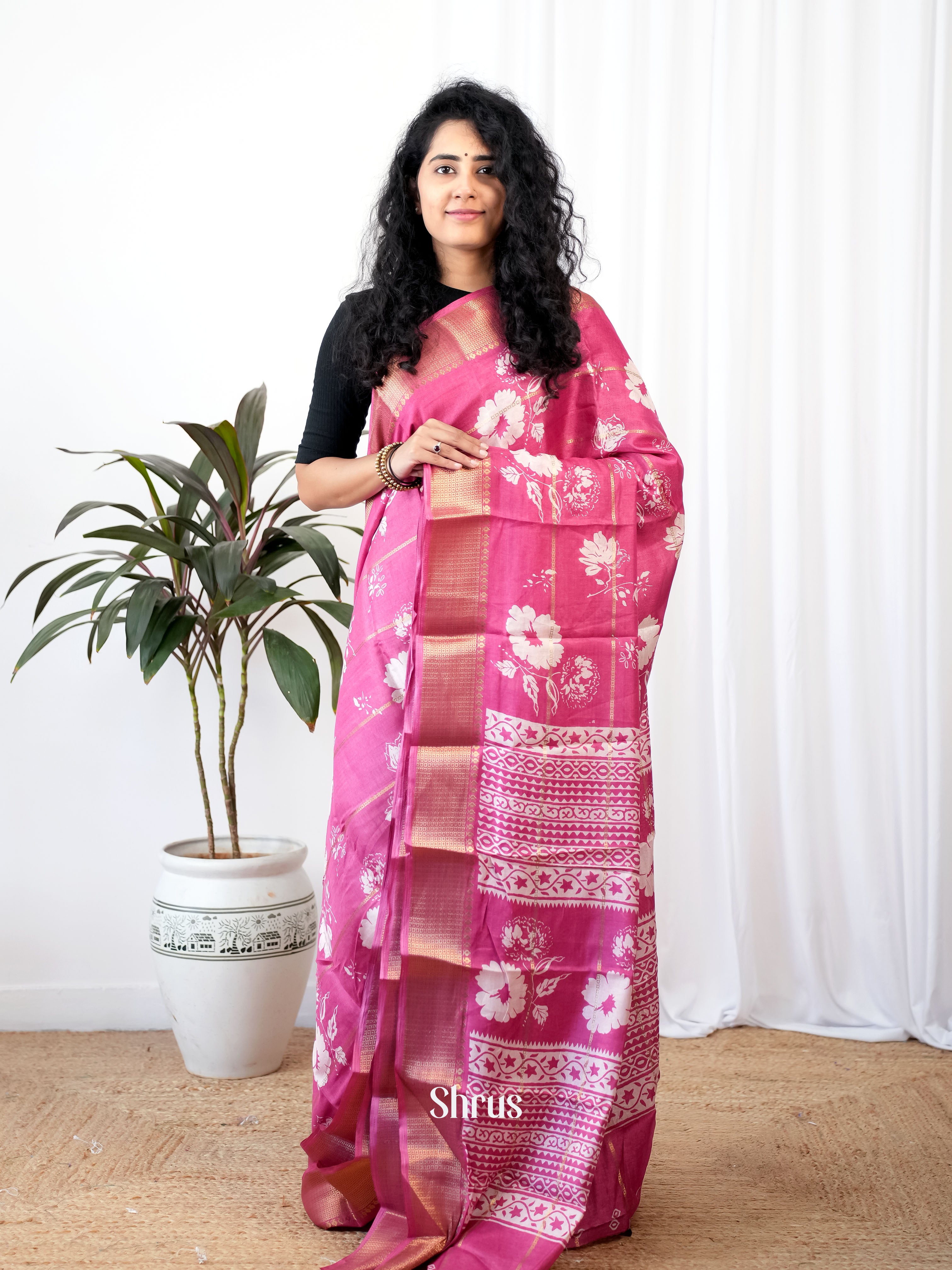 Pink  - Semi Crepe Saree