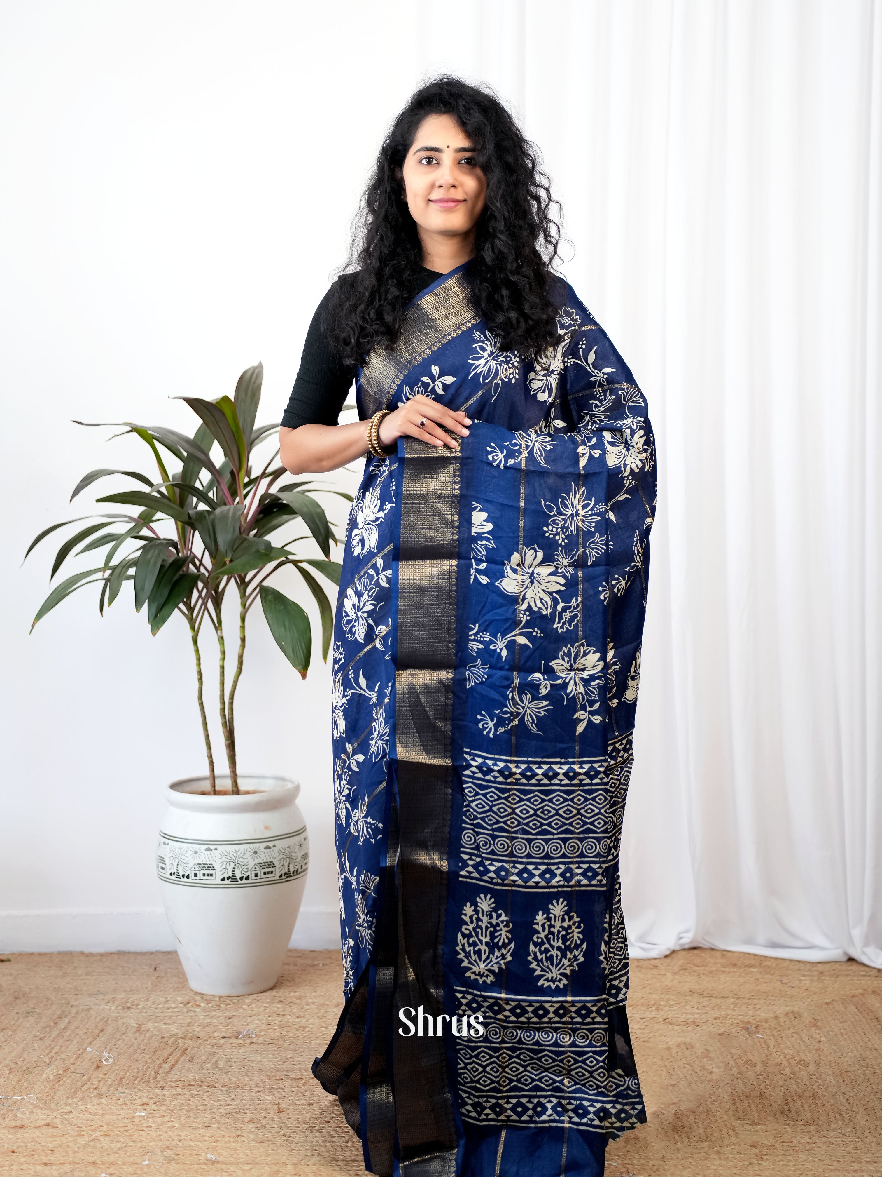 Blue - Semi Crepe Saree