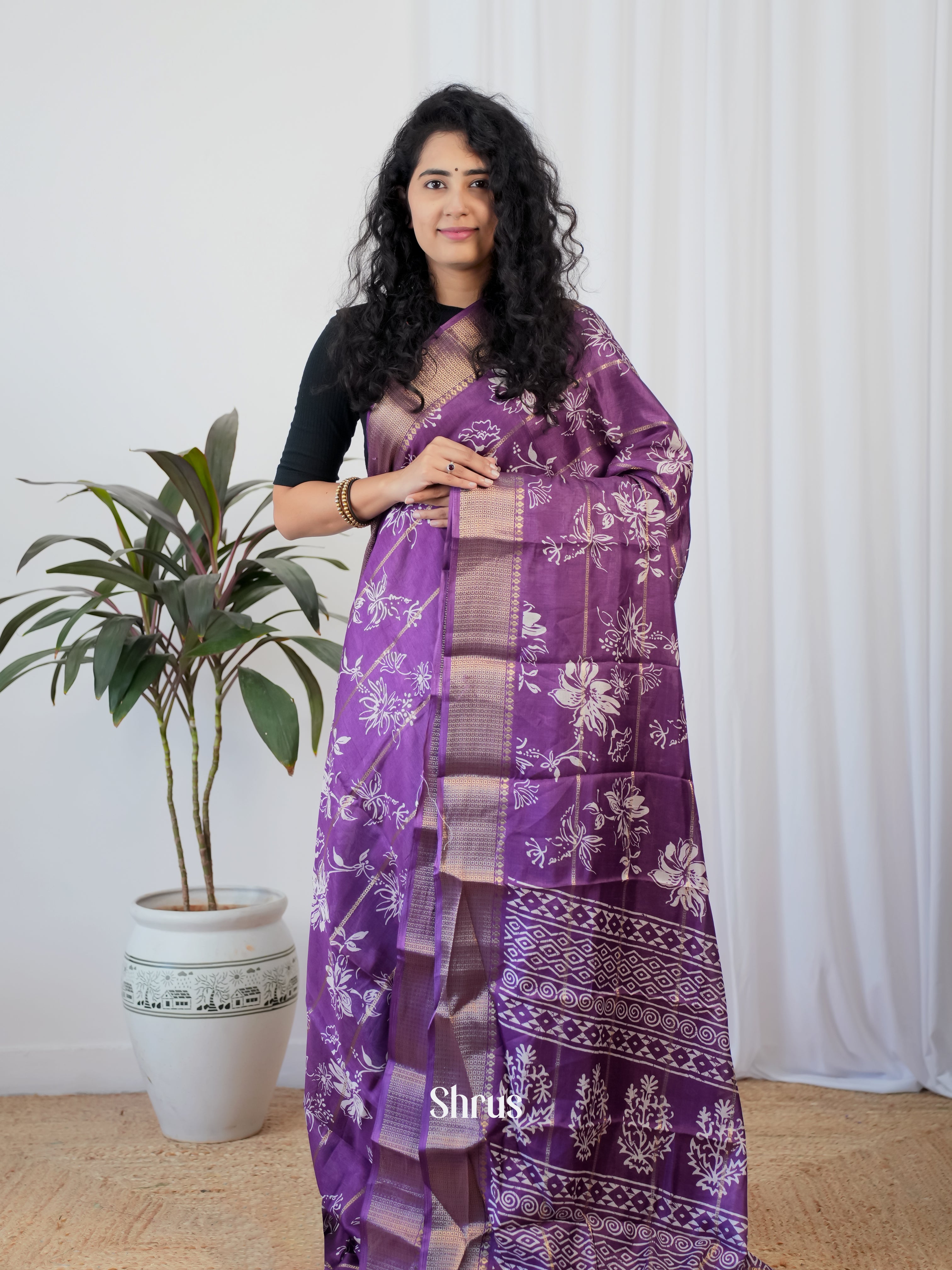 Purple - Semi Crepe Saree