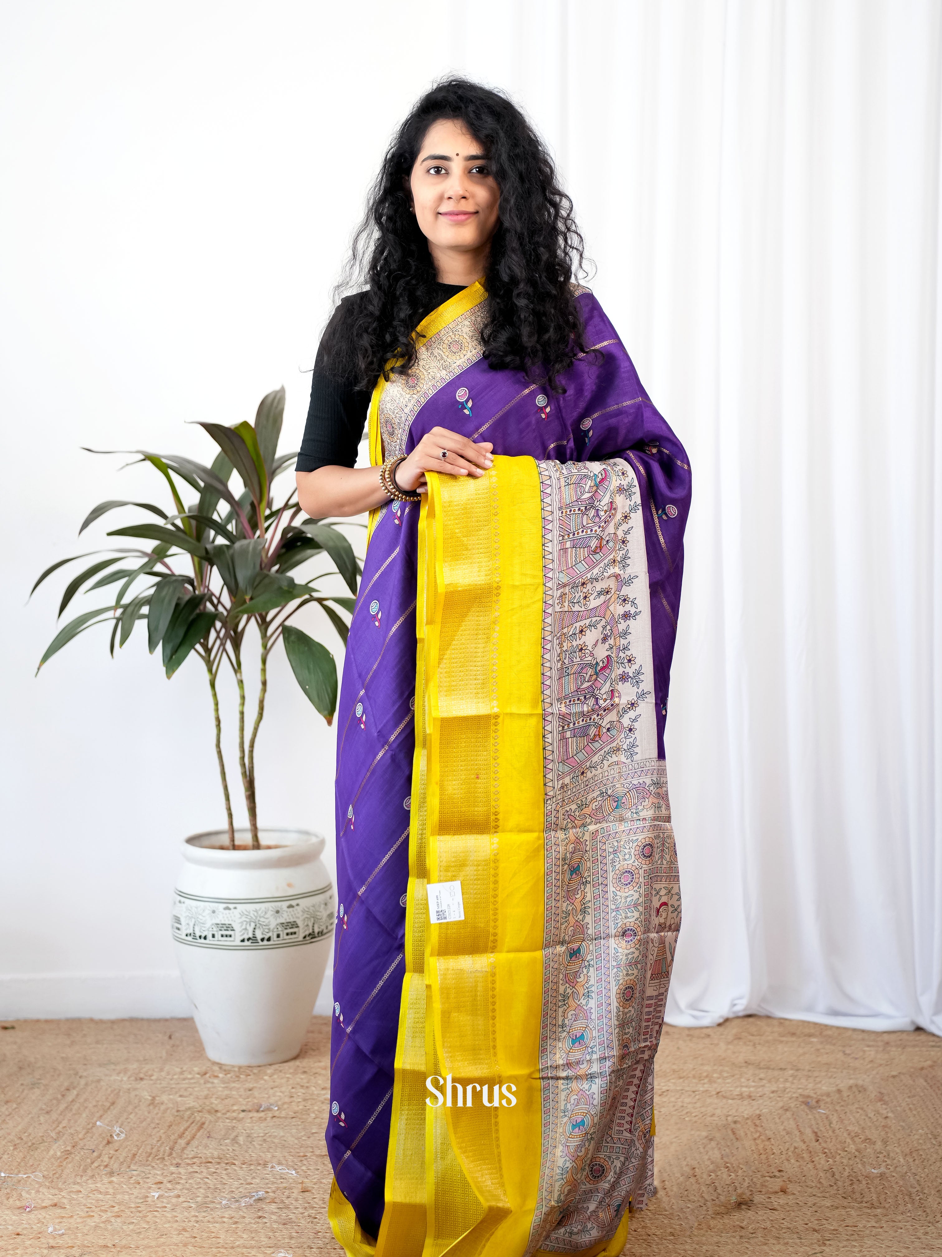 Violet & Yellow - Semi Crepe Saree