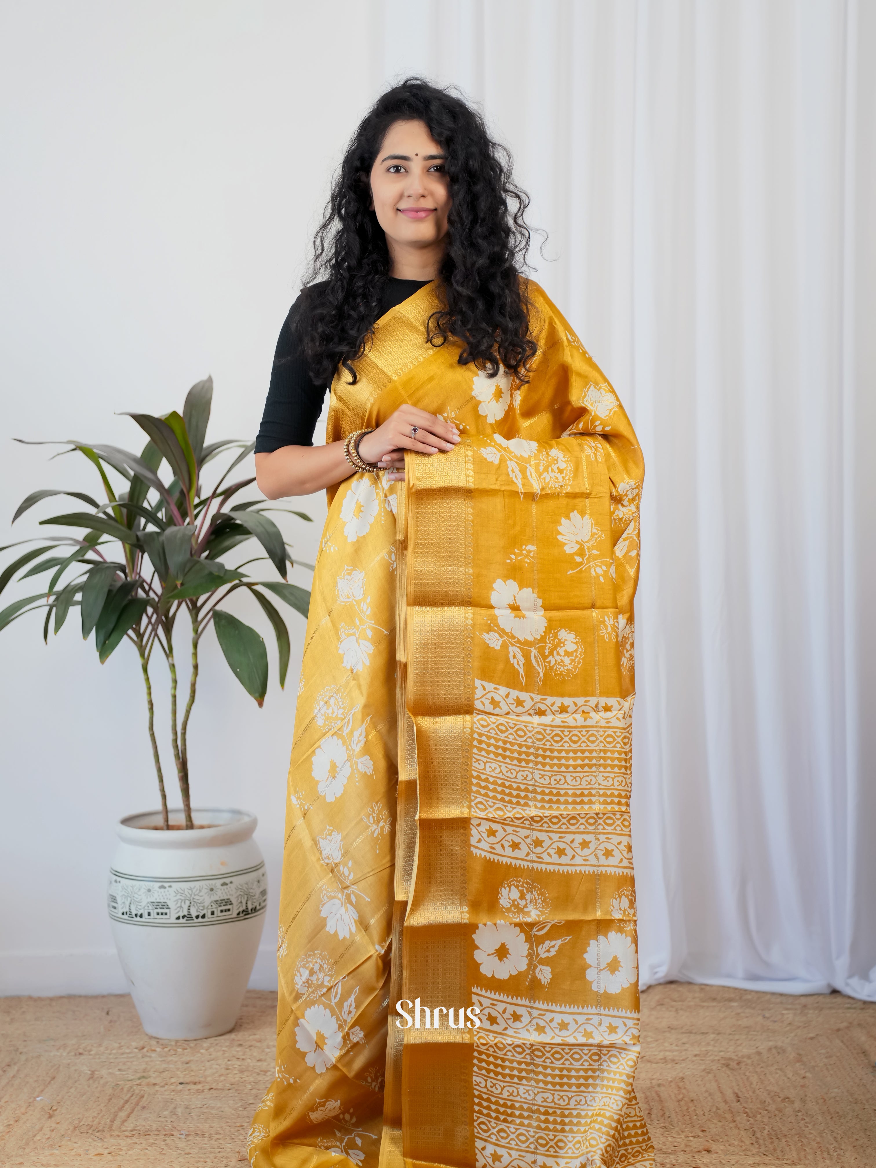 Mustard - Semi Crepe Saree