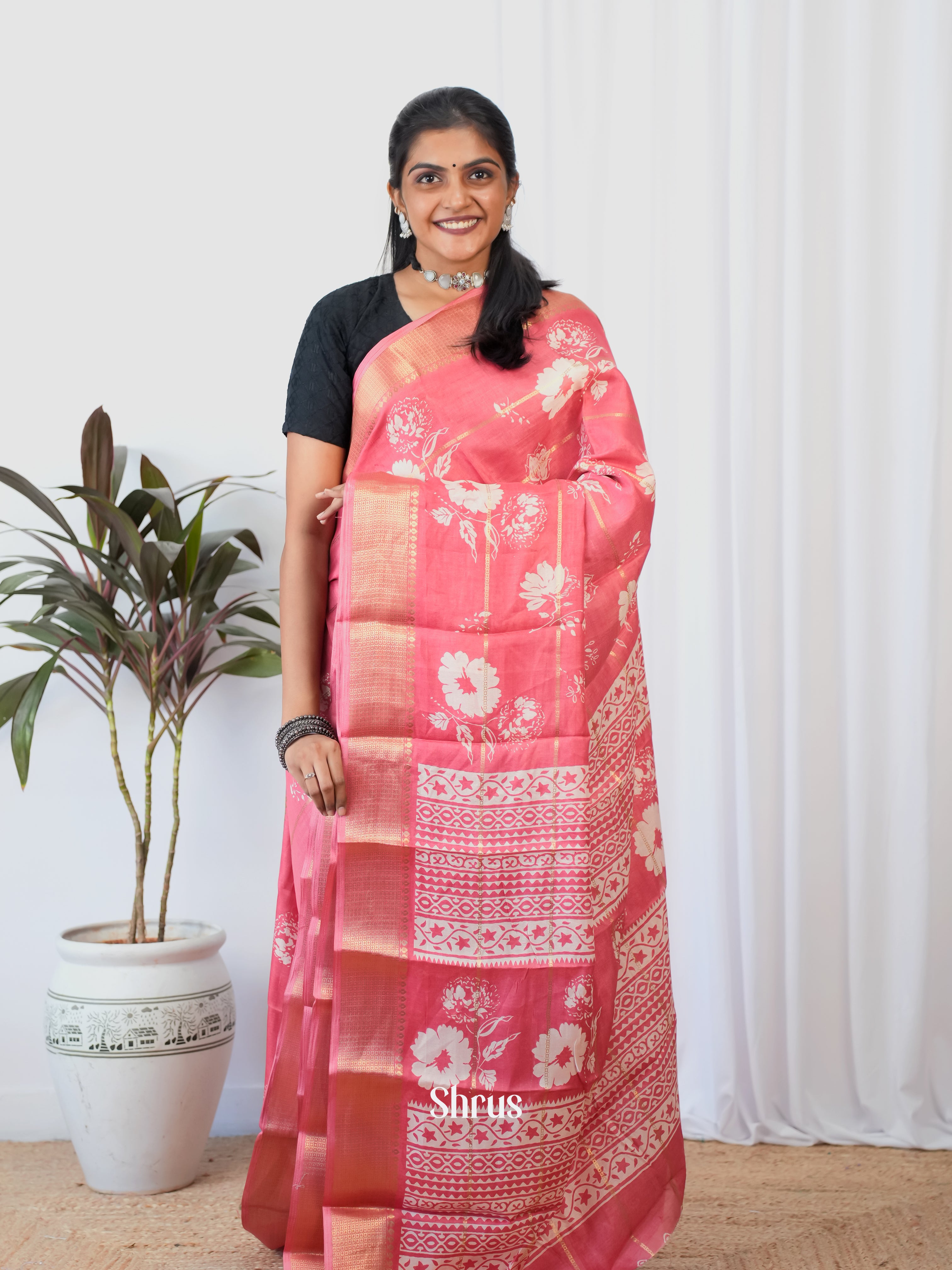 Pink - Semi Crepe Saree