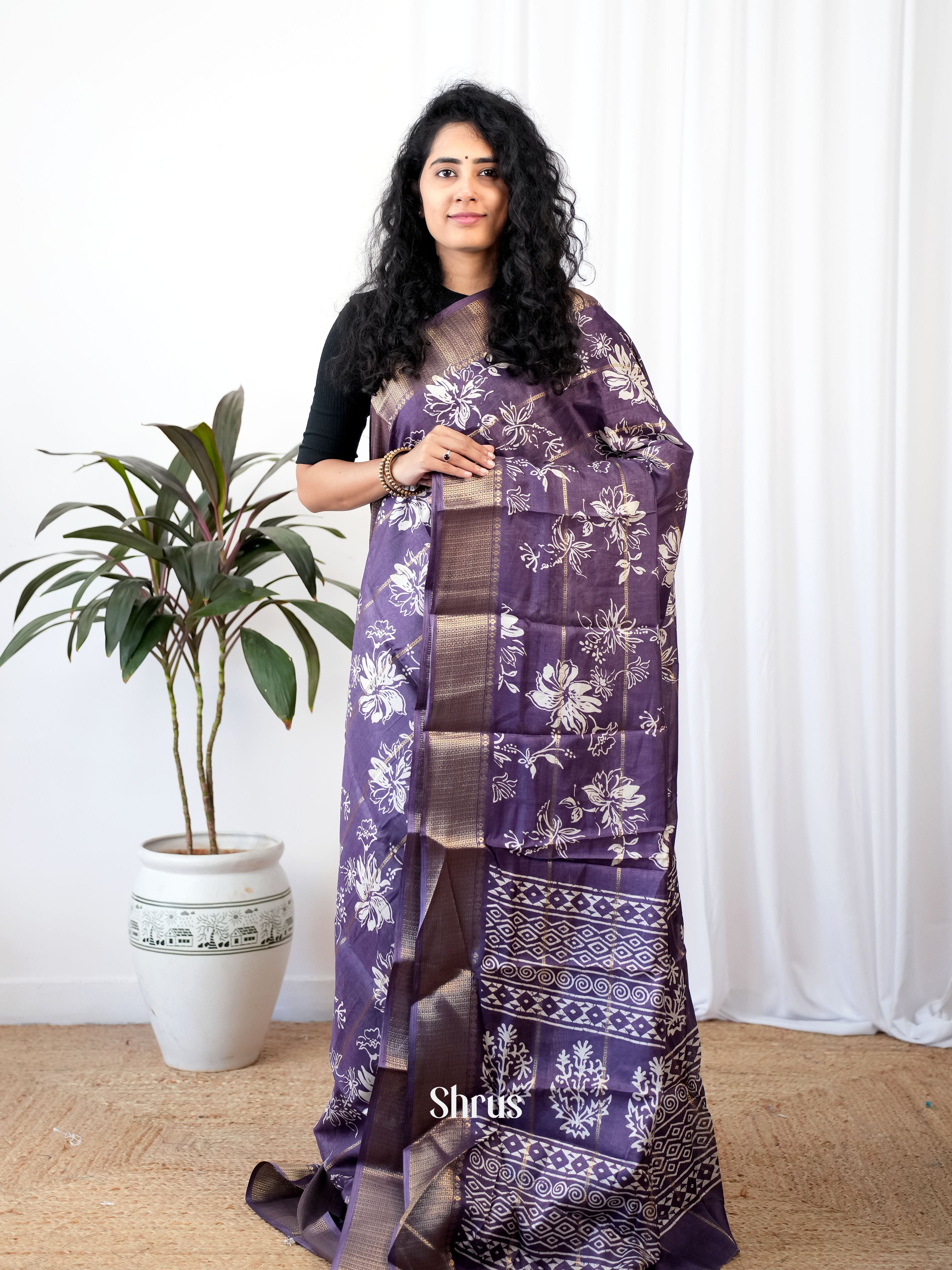 Purple - Semi Crepe  Saree