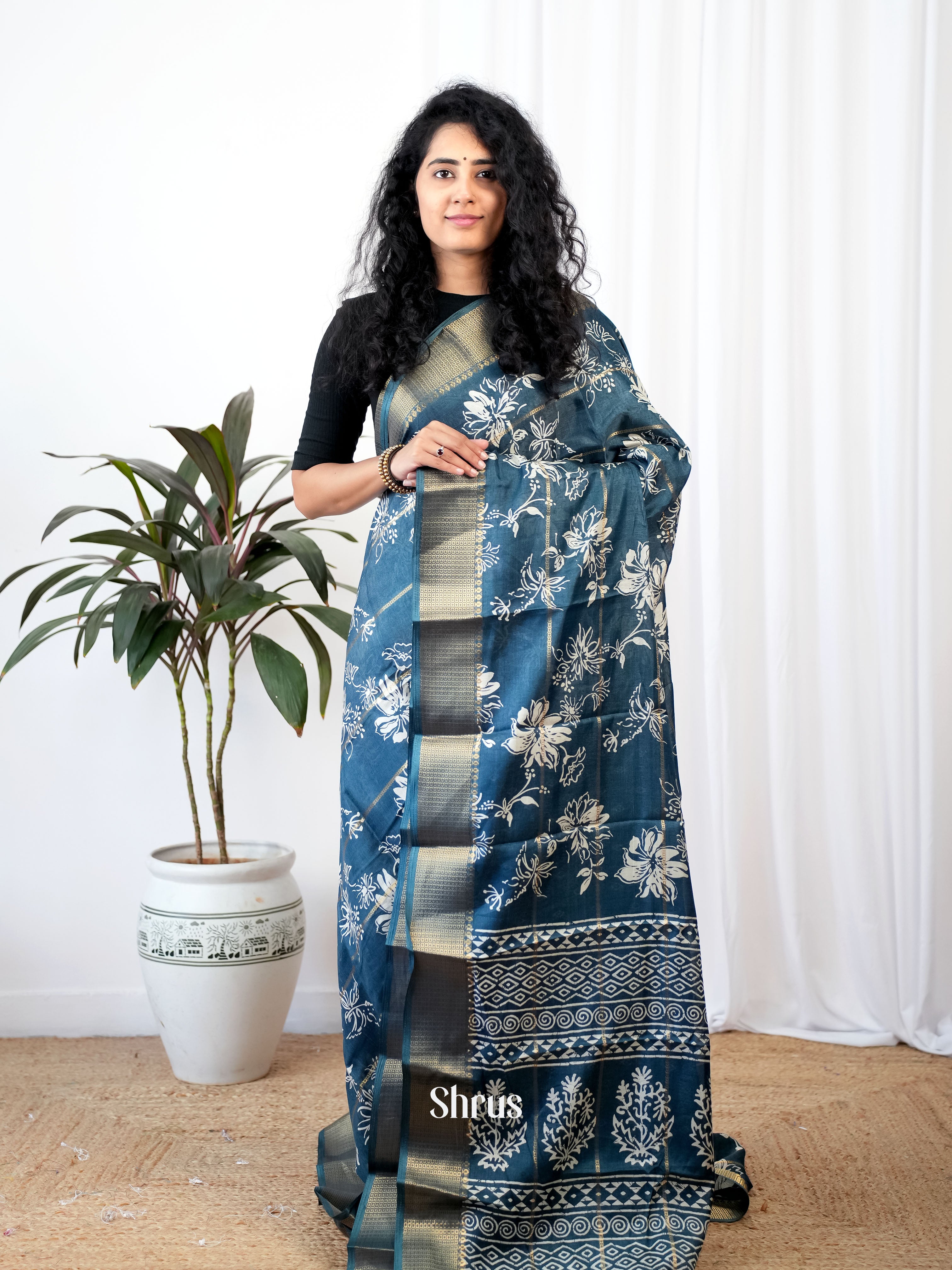 Blue - Semi Crepe Saree