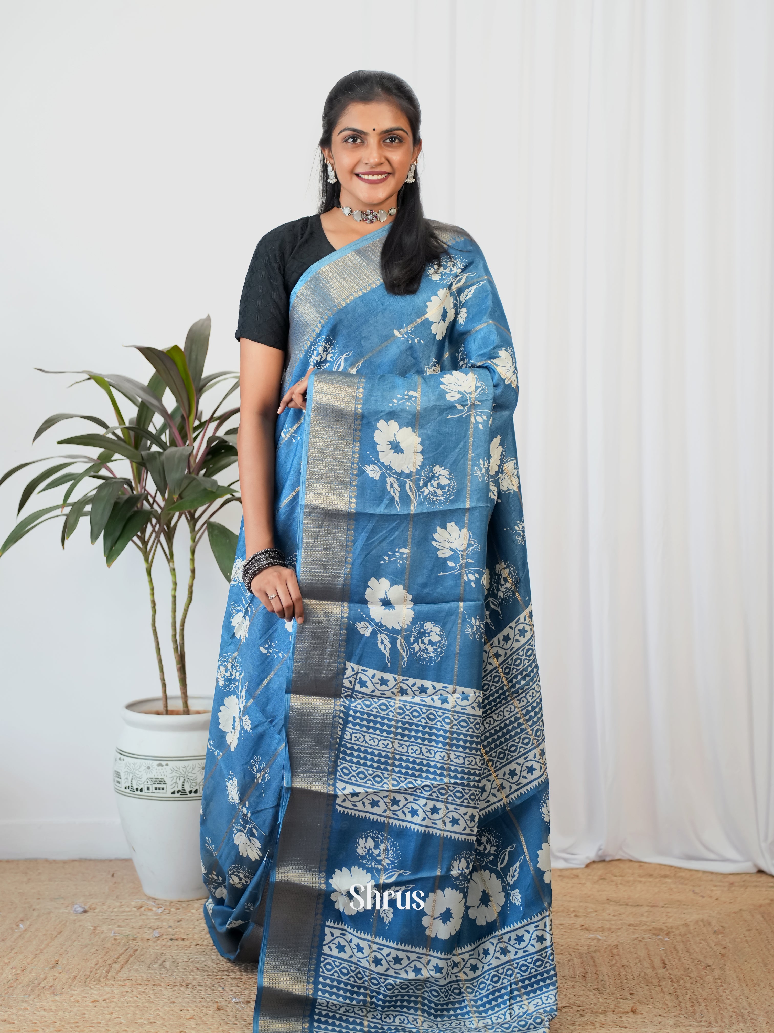 Blue - Semi Crepe Saree