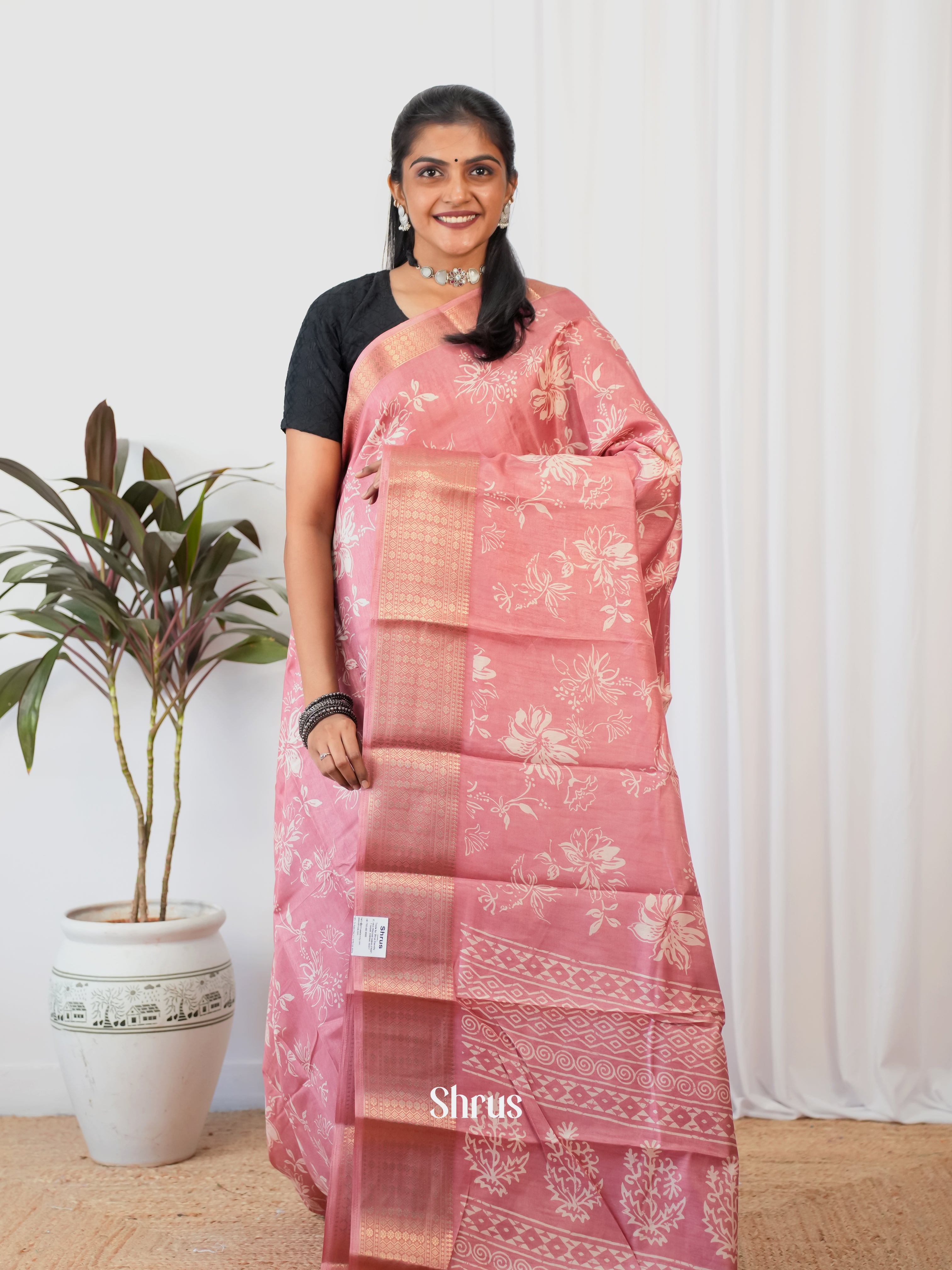 Pink - Semi Crepe Saree