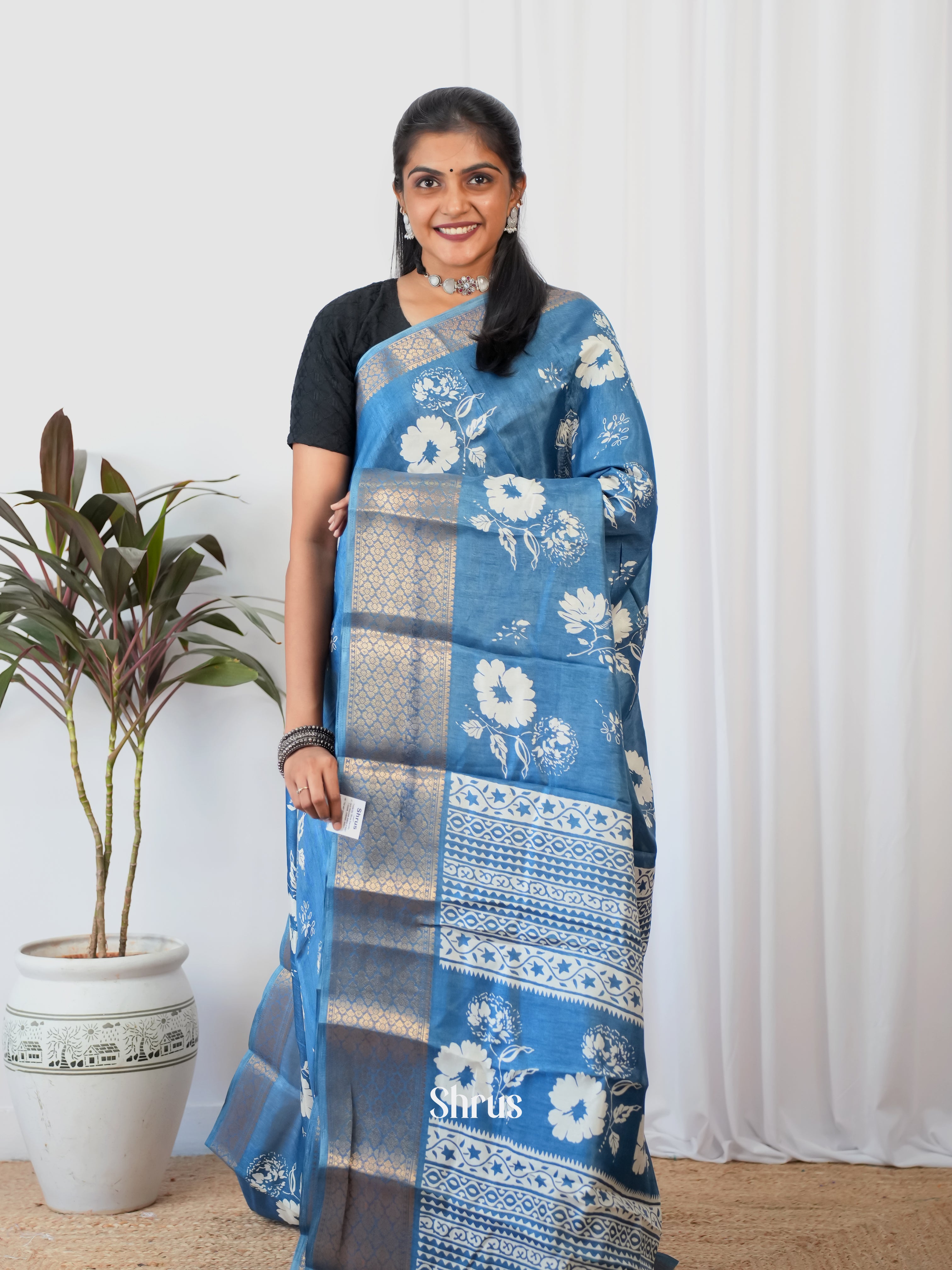 Blue - Semi Crepe Saree