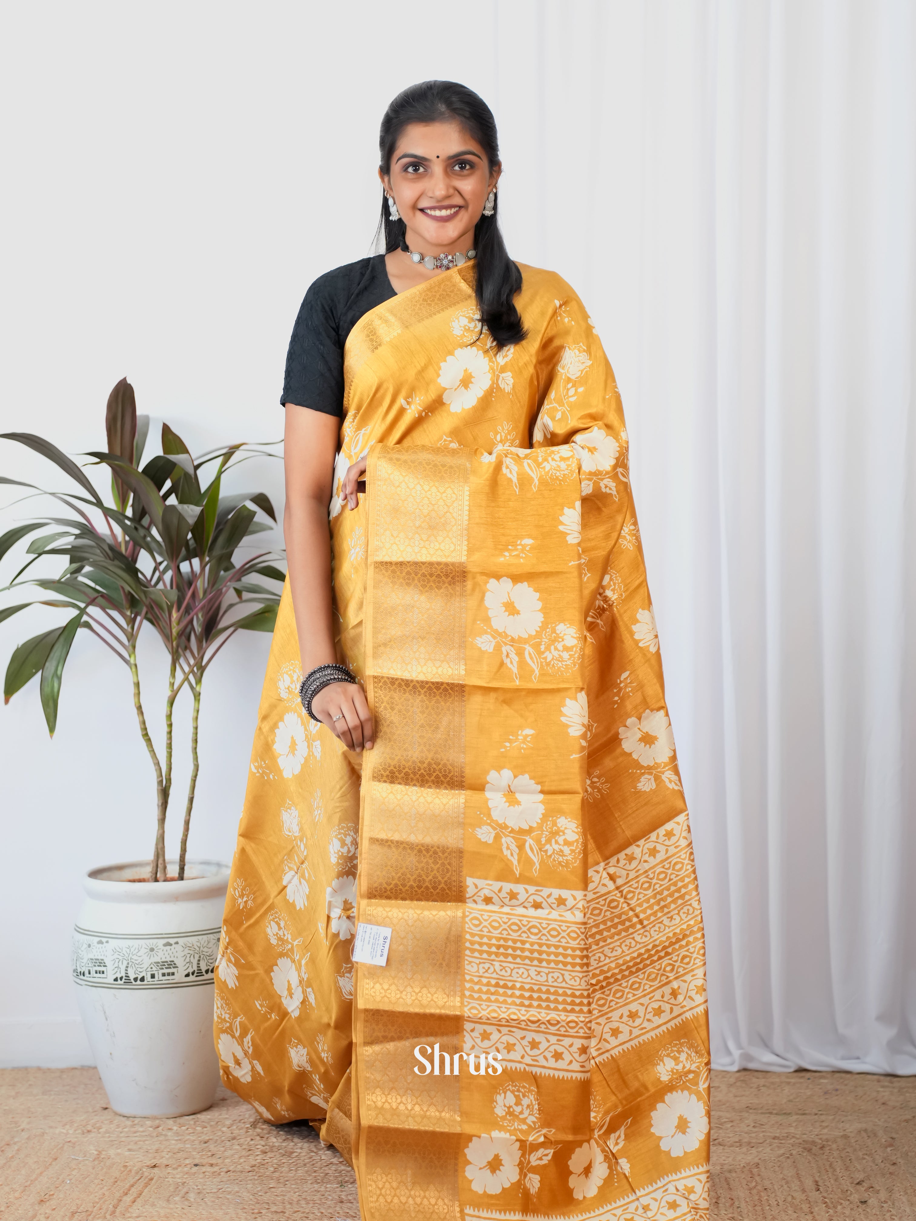 Mustard - Semi Crepe Saree