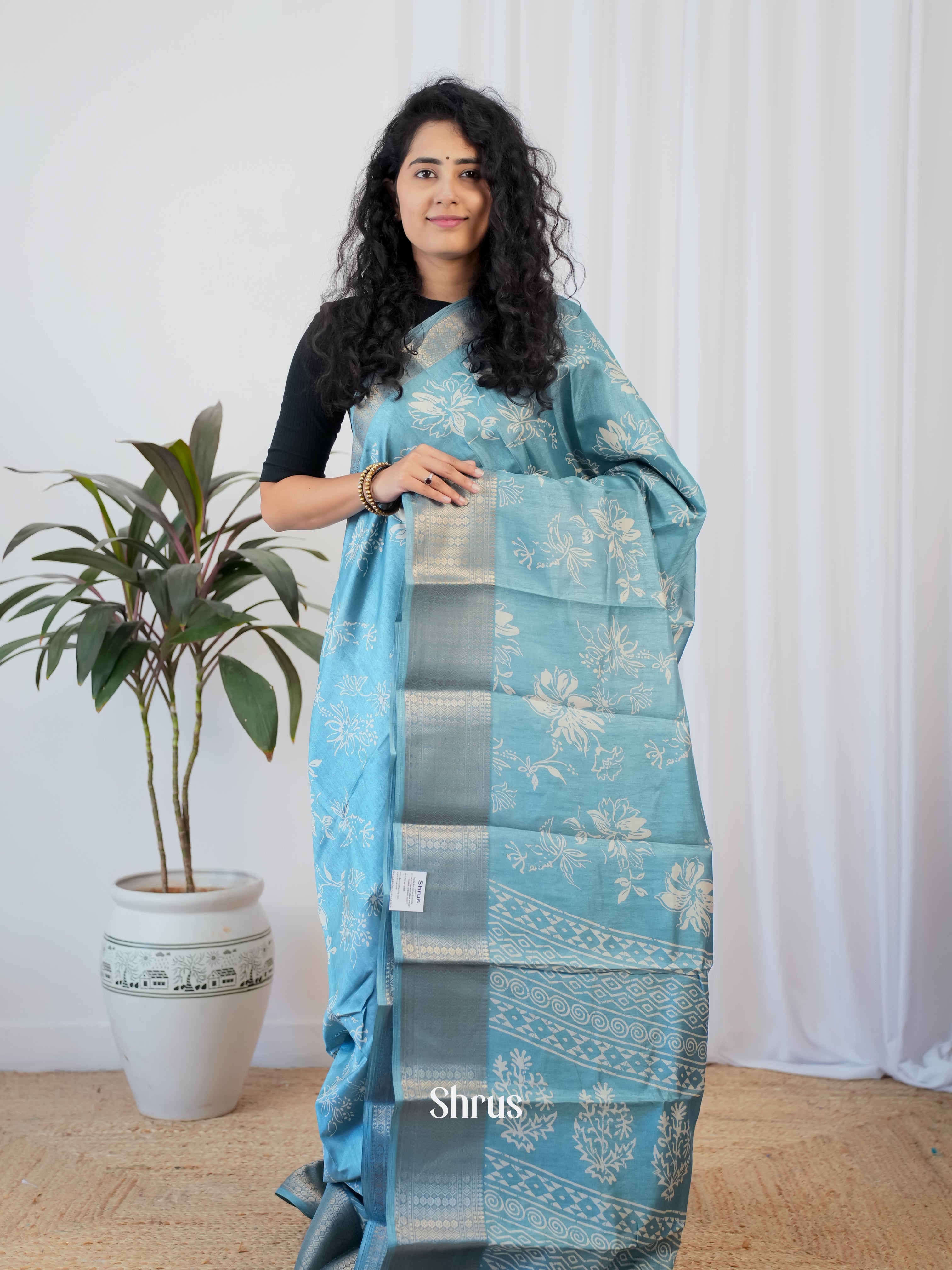 Blue - Semi Crepe Saree