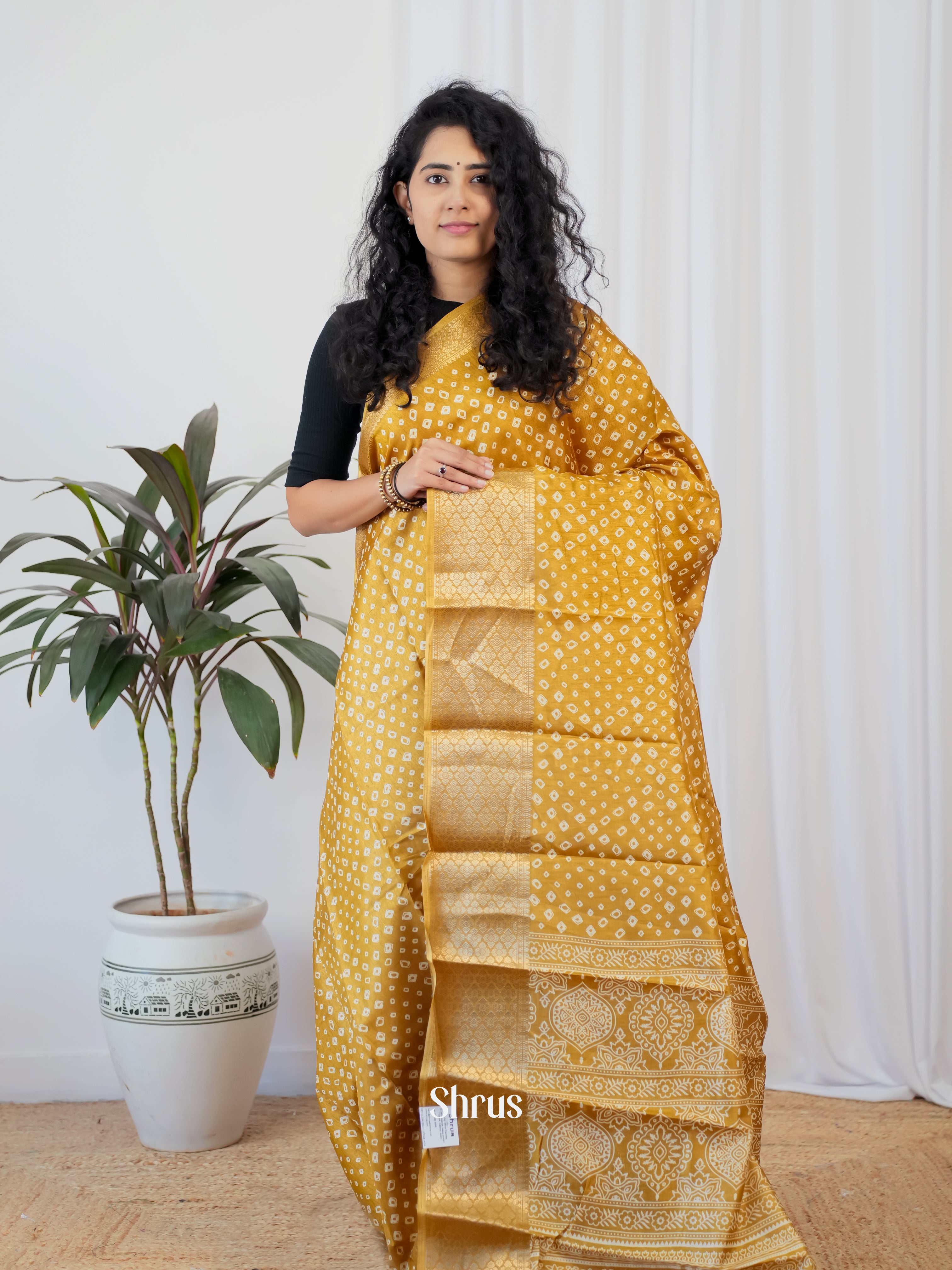 Mustard - Semi Crepe Saree