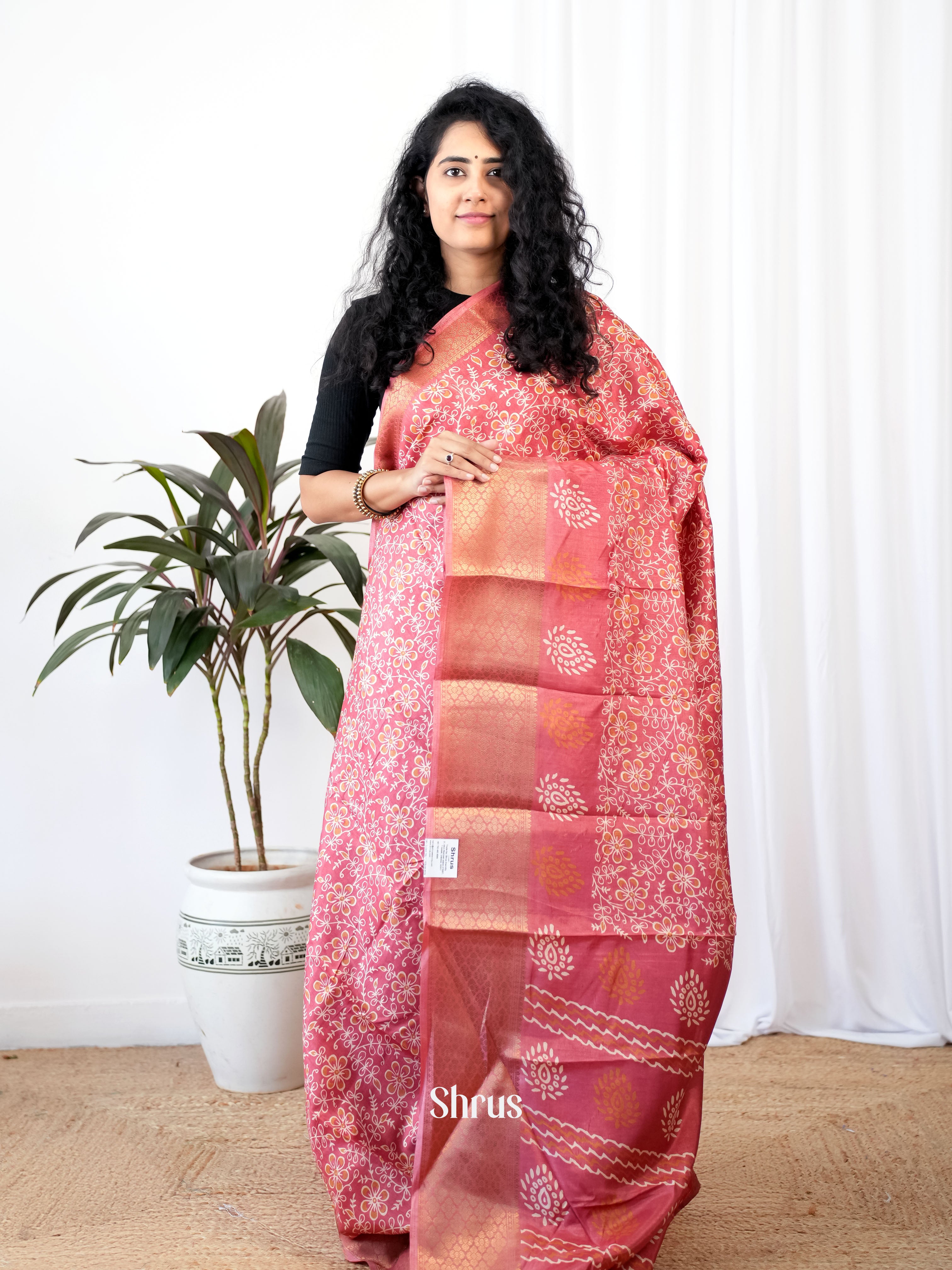 Pink - Semi Crepe Saree