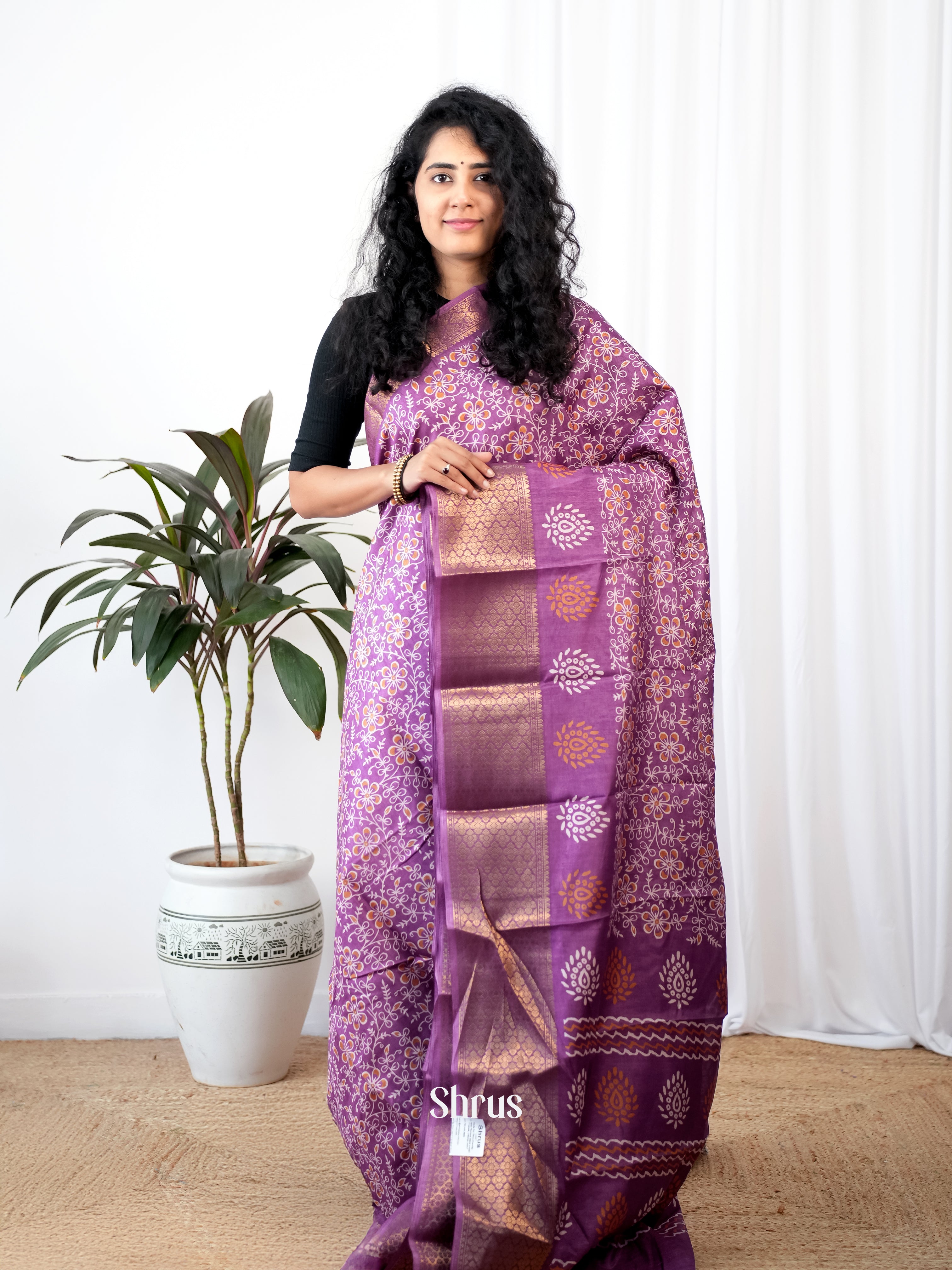 Purple - Semi Crepe Saree