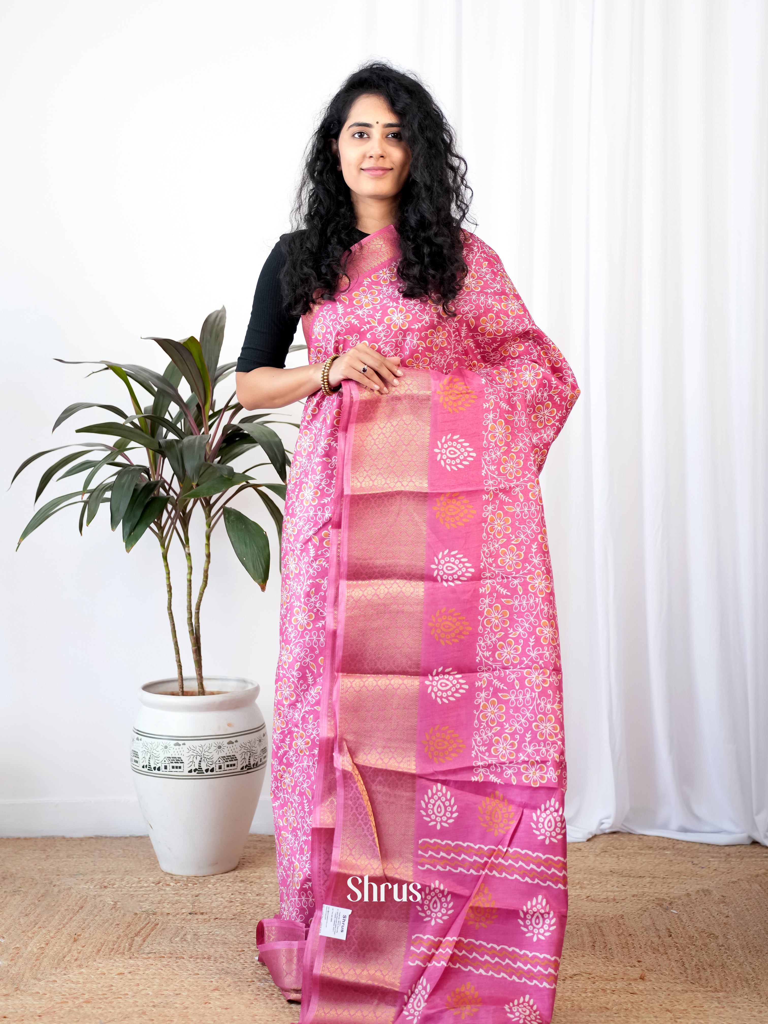 Pink - Semi Crepe Saree