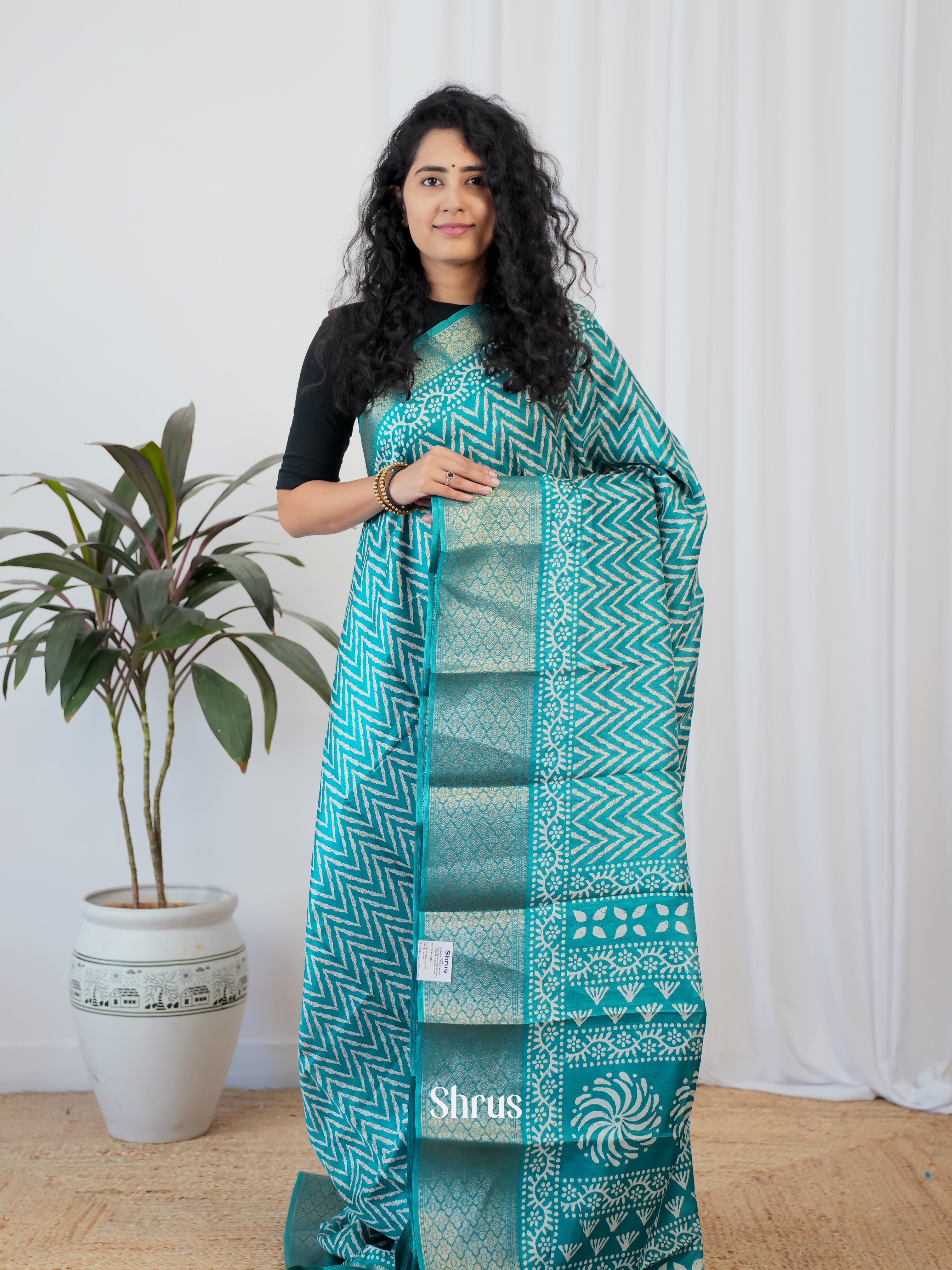 Teal - Semi Crepe Saree