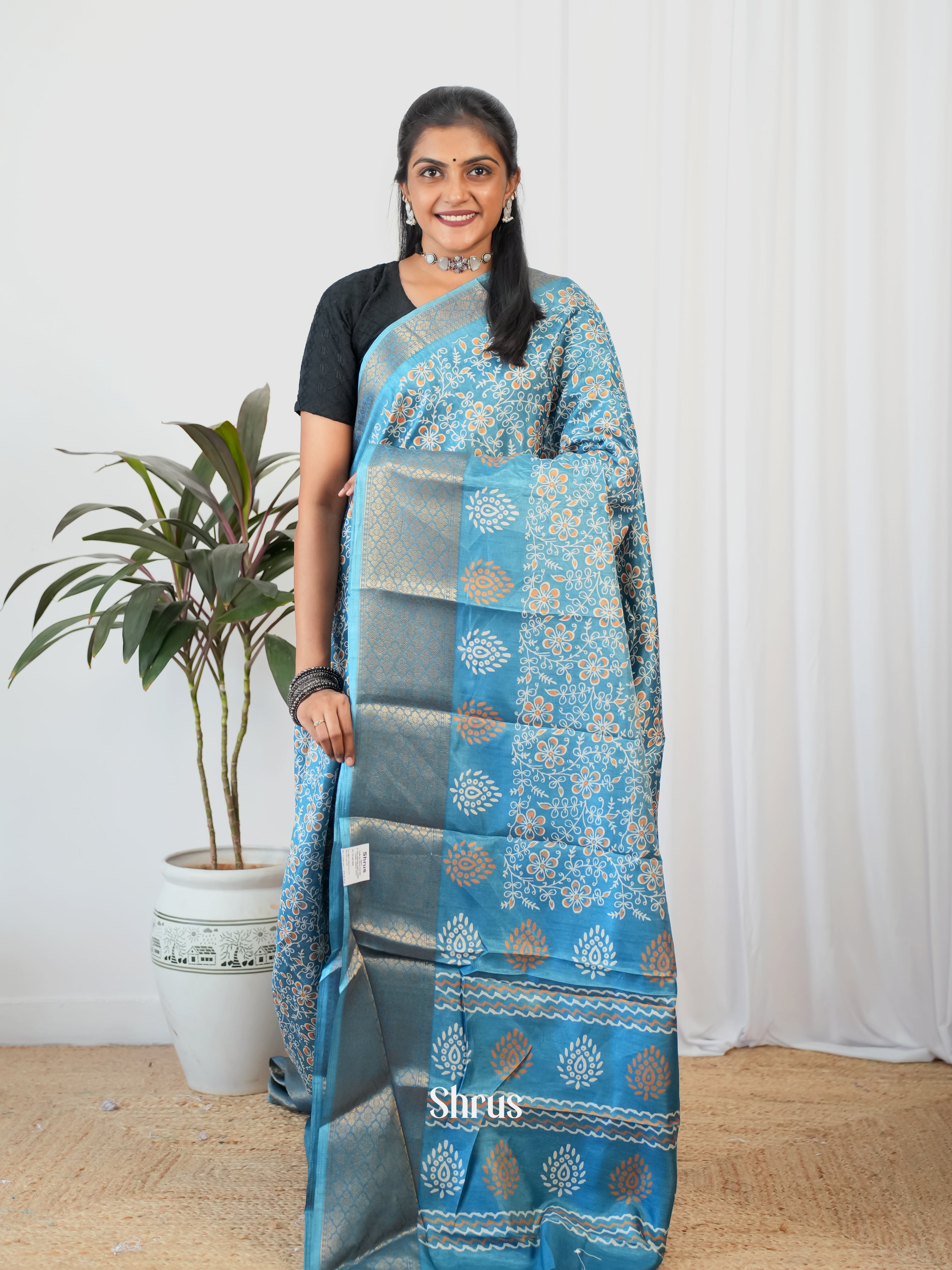 Blue - Semi Crepe Saree