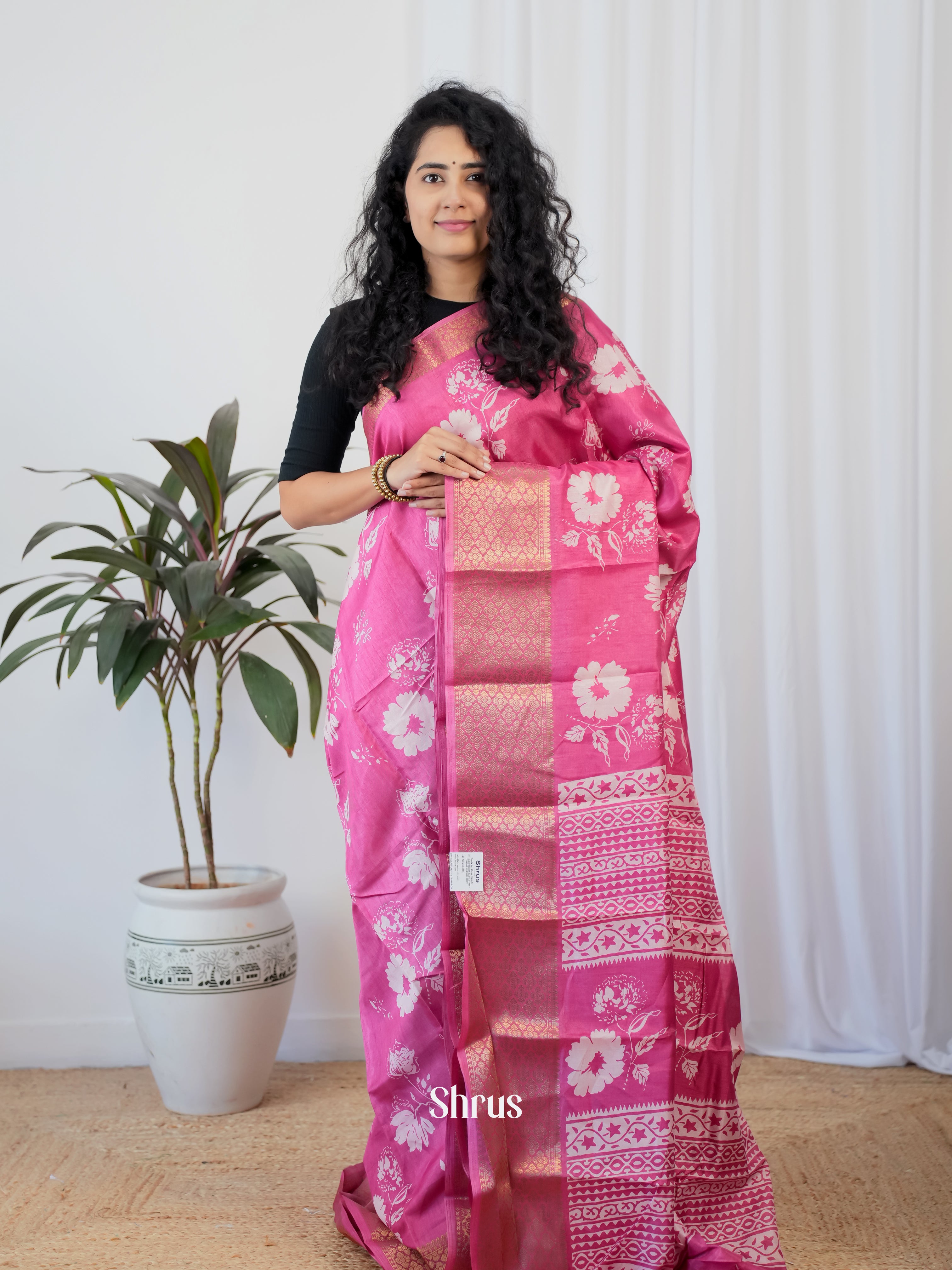 Pink - Semi Crepe Saree